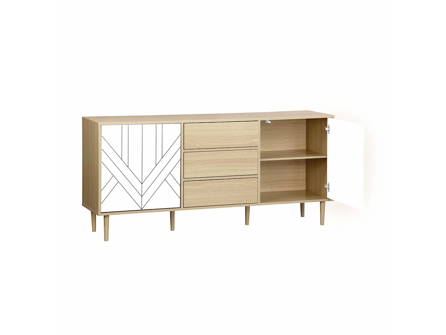 Buffet de rangement décor bois et blanc - Mika - 2 niveaux. 2 portes. 3 tiroirs. buffet bas. L 160 x l 40 x H 74cm