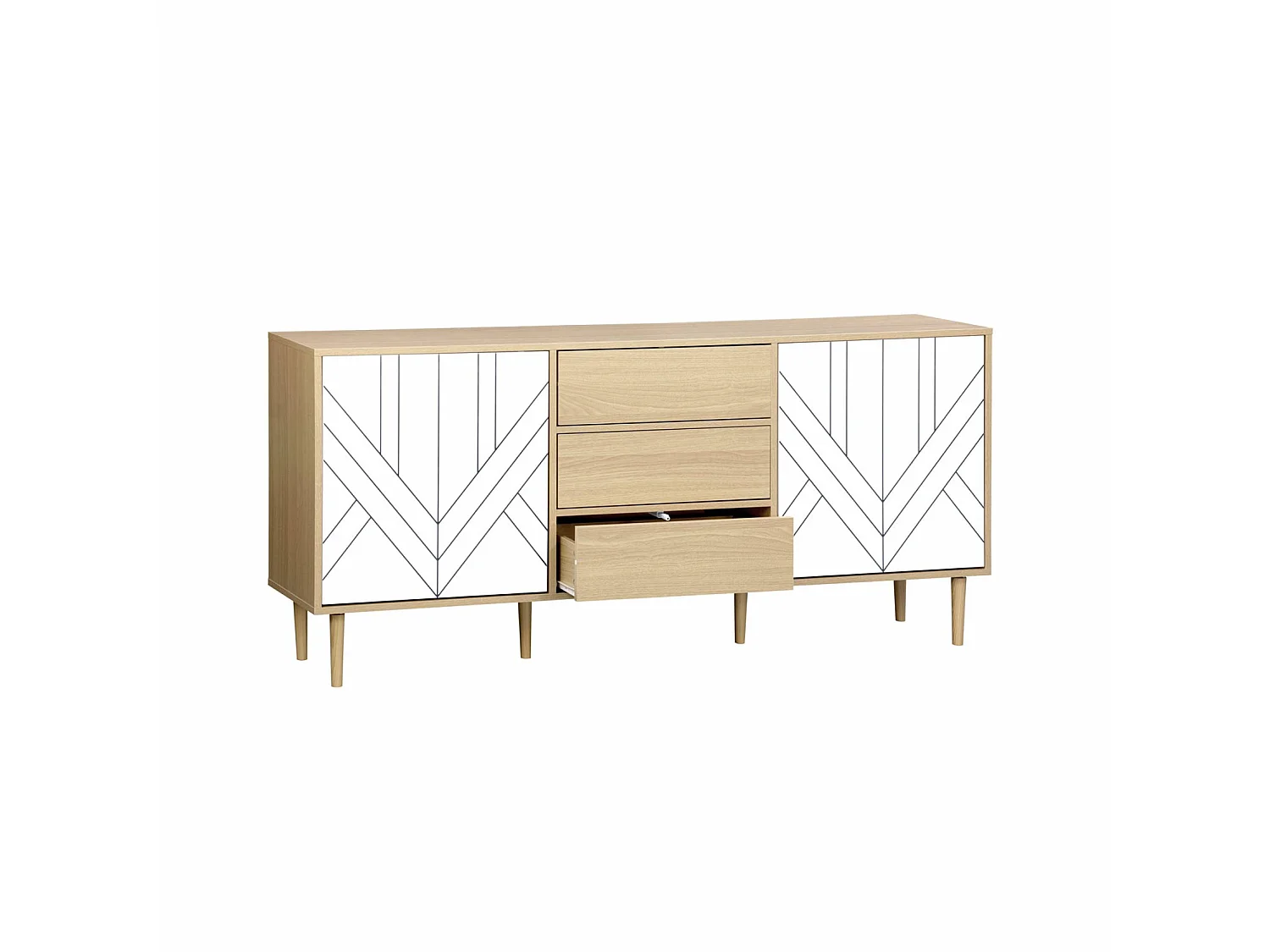 Buffet de rangement décor bois et blanc - Mika - 2 niveaux. 2 portes. 3 tiroirs. buffet bas. L 160 x l 40 x H 74cm