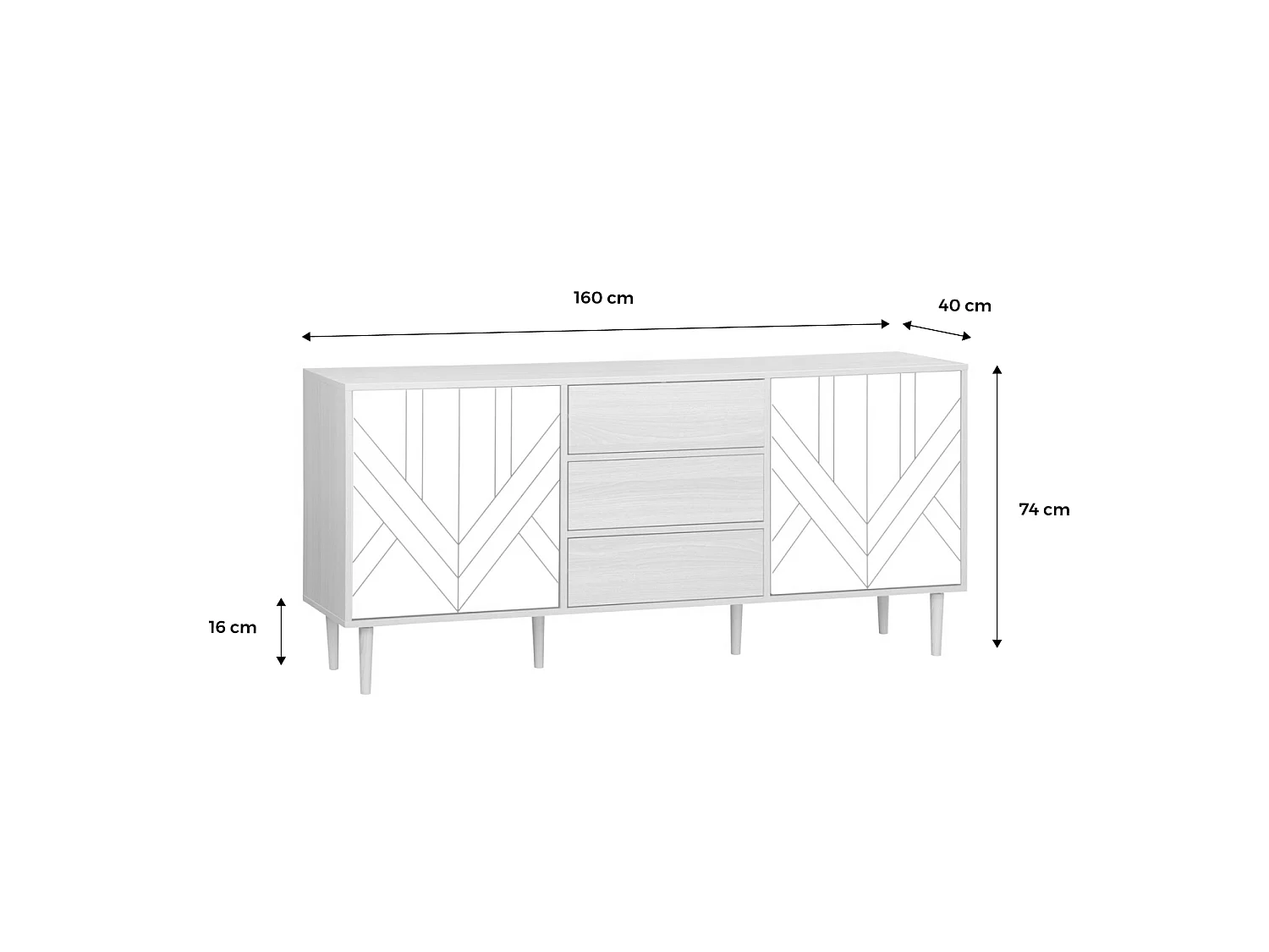Buffet de rangement décor bois et blanc - Mika - 2 niveaux. 2 portes. 3 tiroirs. buffet bas. L 160 x l 40 x H 74cm