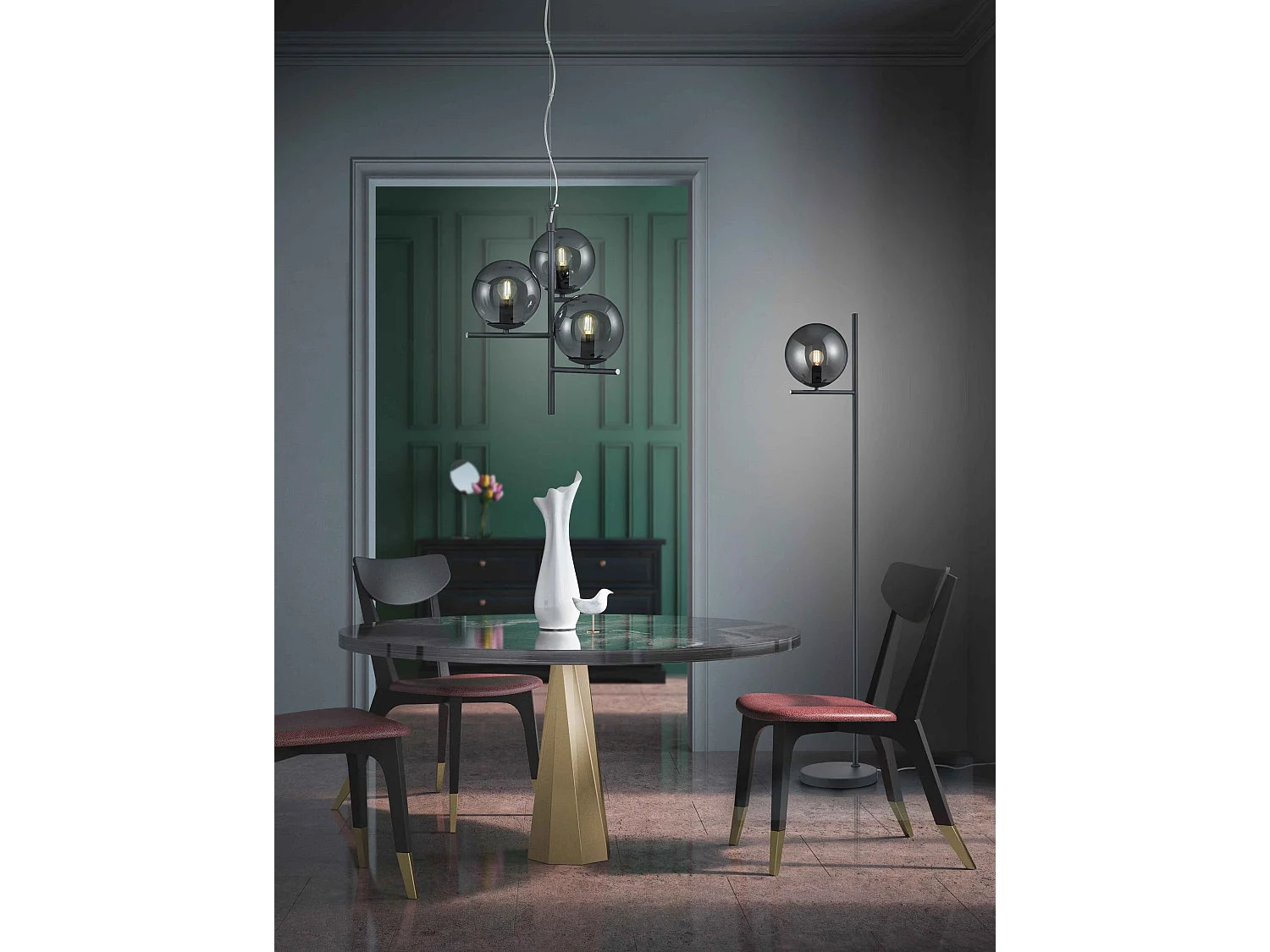 Lampada a sospensione 3 sfere, antracite e fumé, D 40 cm, Pure