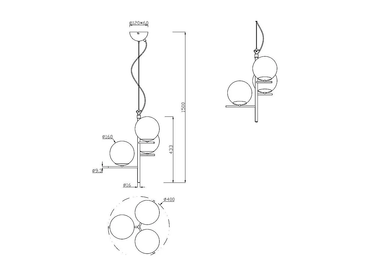 Lampada a sospensione 3 sfere, antracite e fumé, D 40 cm, Pure