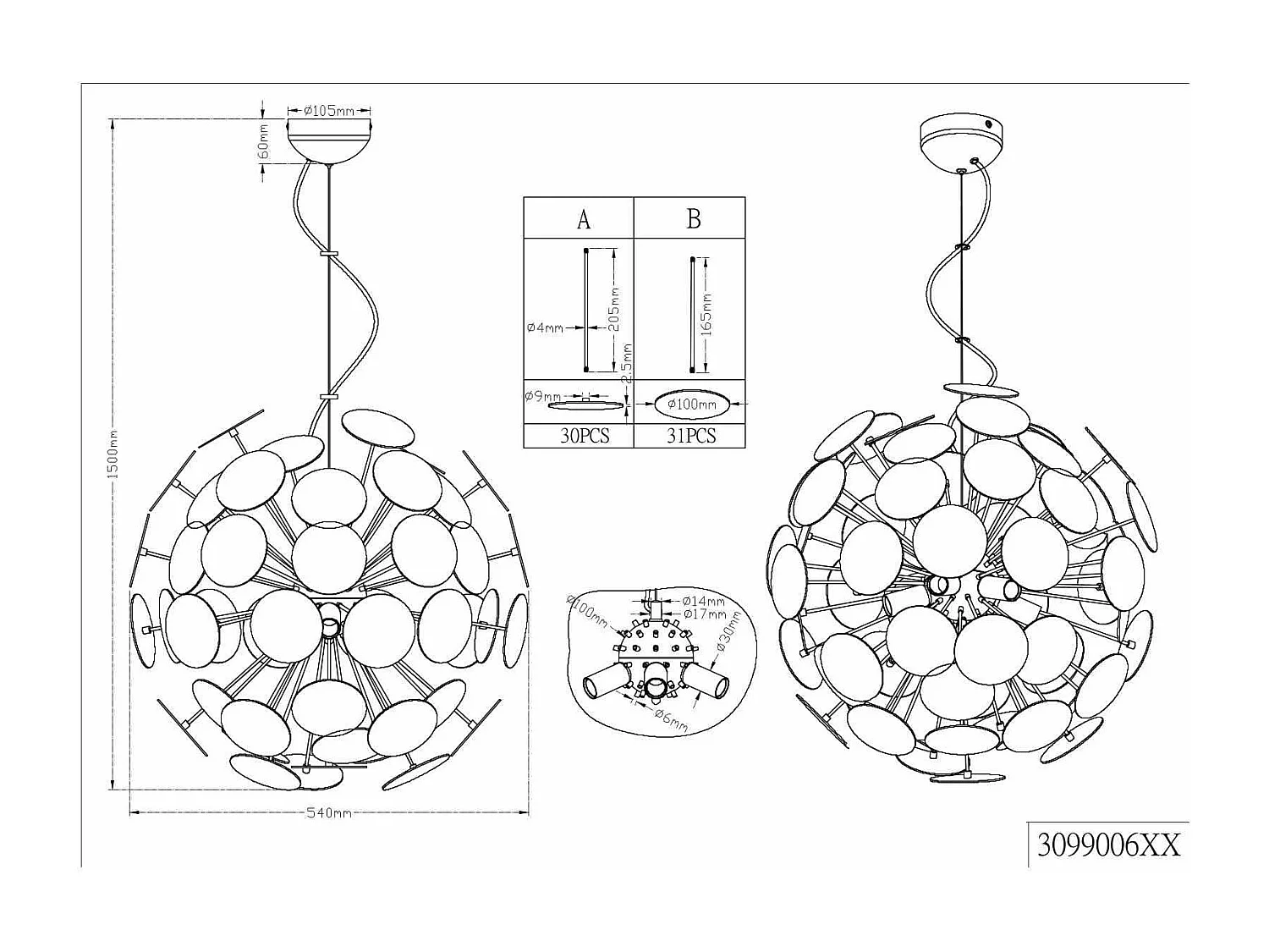 Lampada a sospensione sfera tondi, metallo, nero opaco e oro, D 54 cm, Discalgo