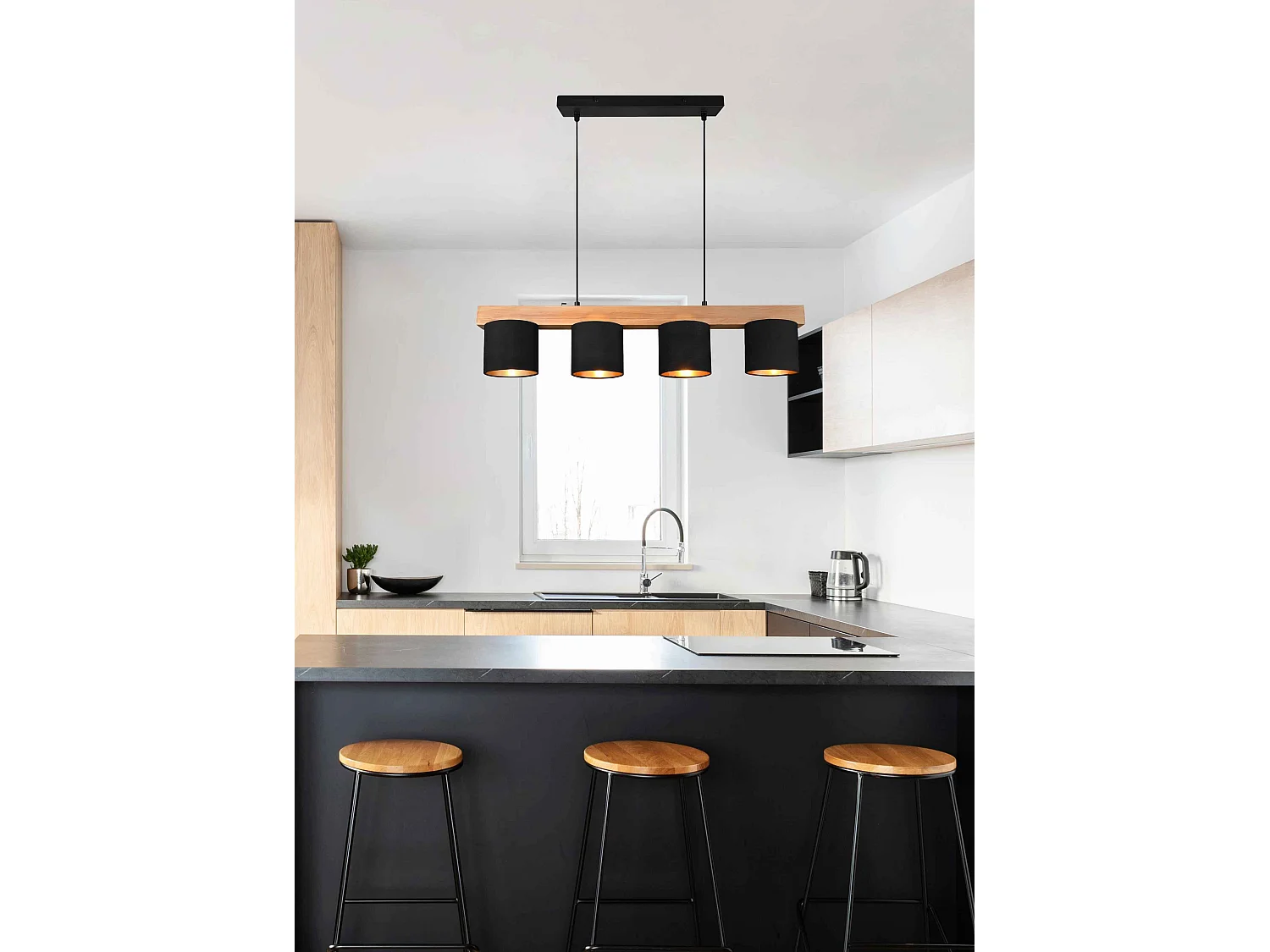 Lampada a sospensione 4 paralumi, legno, nero, L 75 cm, Cameron