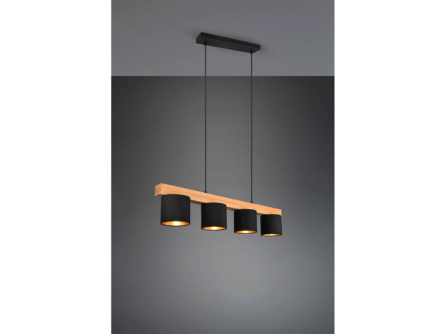 Lampada a sospensione 4 paralumi, legno, nero, L 75 cm, Cameron