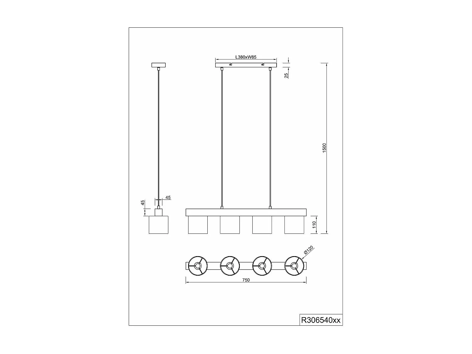Lampada a sospensione 4 paralumi, legno, nero, L 75 cm, Cameron