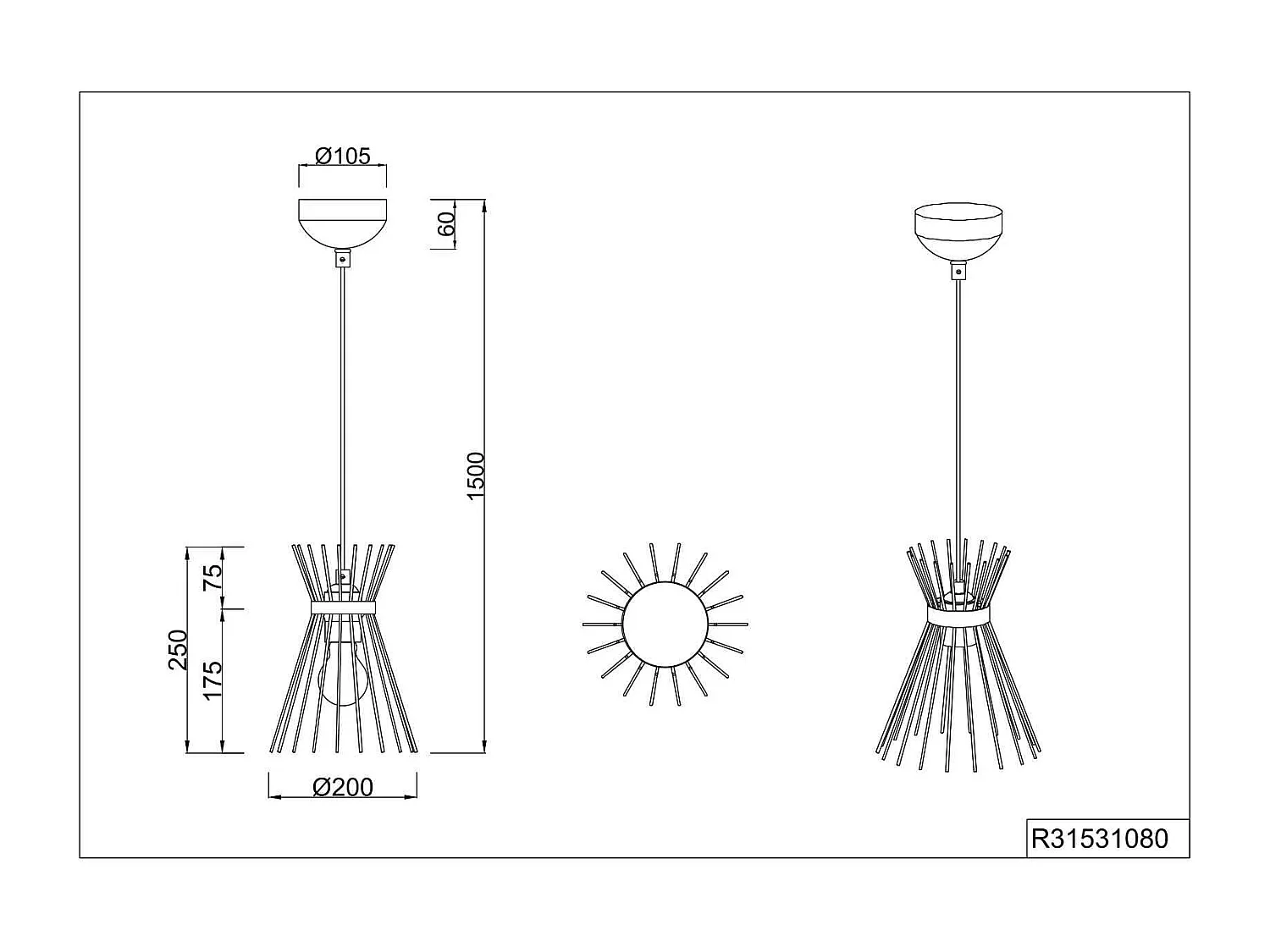 Lampada a sospensione, bacchette di metallo, nero e oro, D 20 cm, Rod