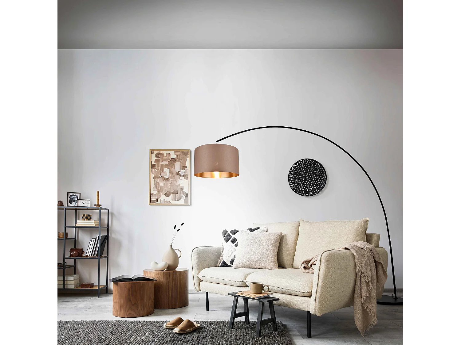 Lampadaire métal abat jour tissu en arc Mansur