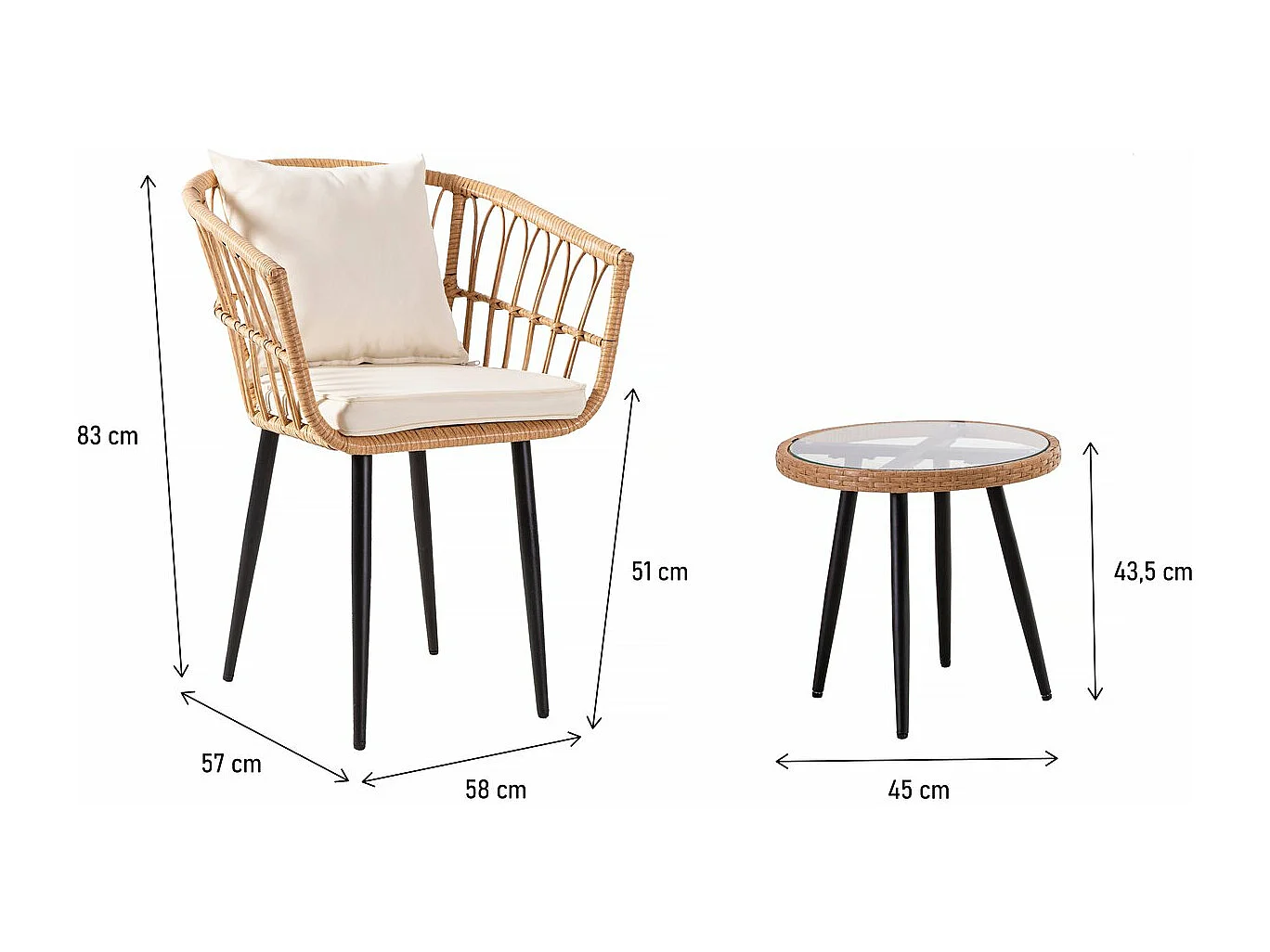 Conjunto de jardim em vime "Vela" para 2 pessoas - Preto/Bambu ou Castanho