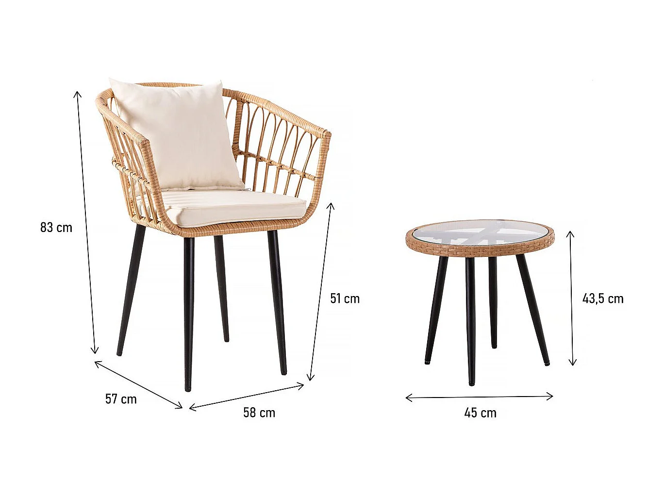 Conjunto de jardim em vime "Vela" para 2 pessoas - Preto/Bambu ou Castanho