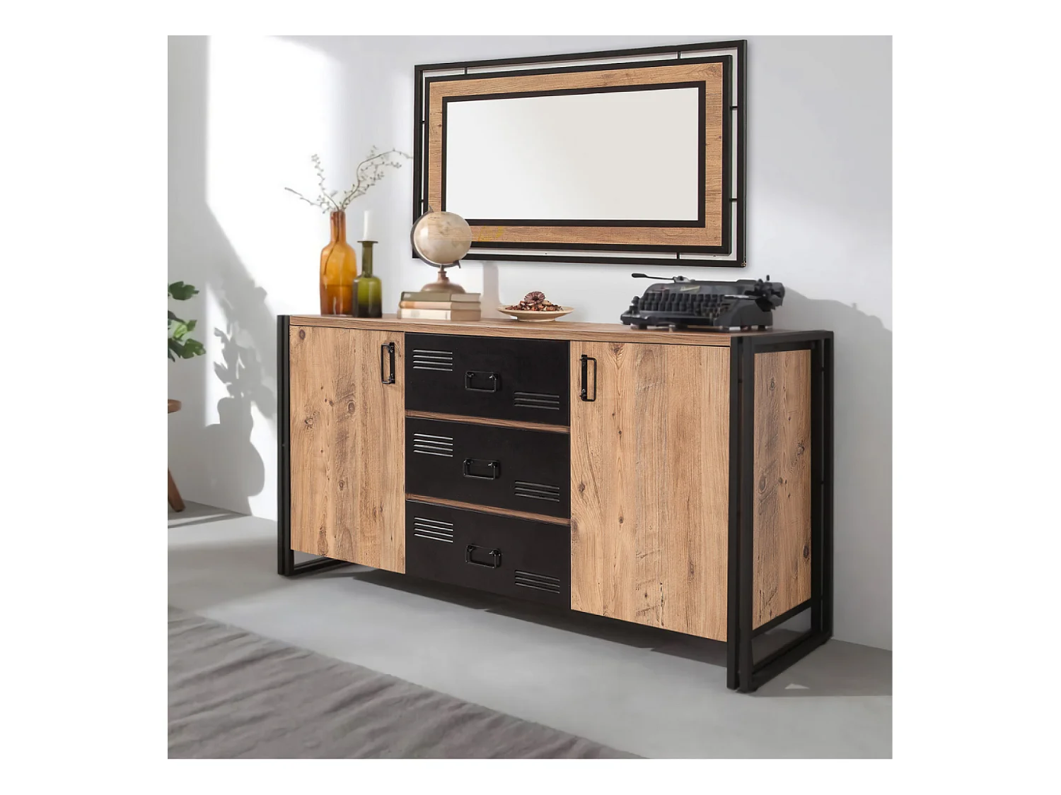 Buffet industrial de madeira com portas e gavetas HOLEN