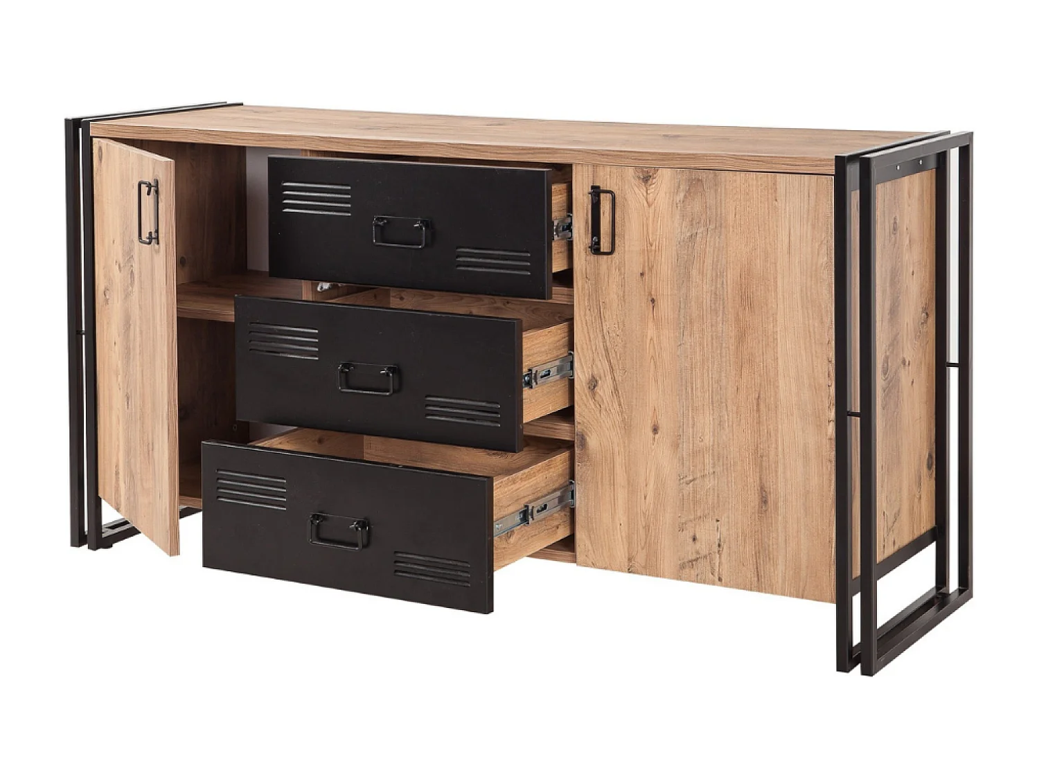 Industriële houten buffetkast met deuren en laden HOLEN