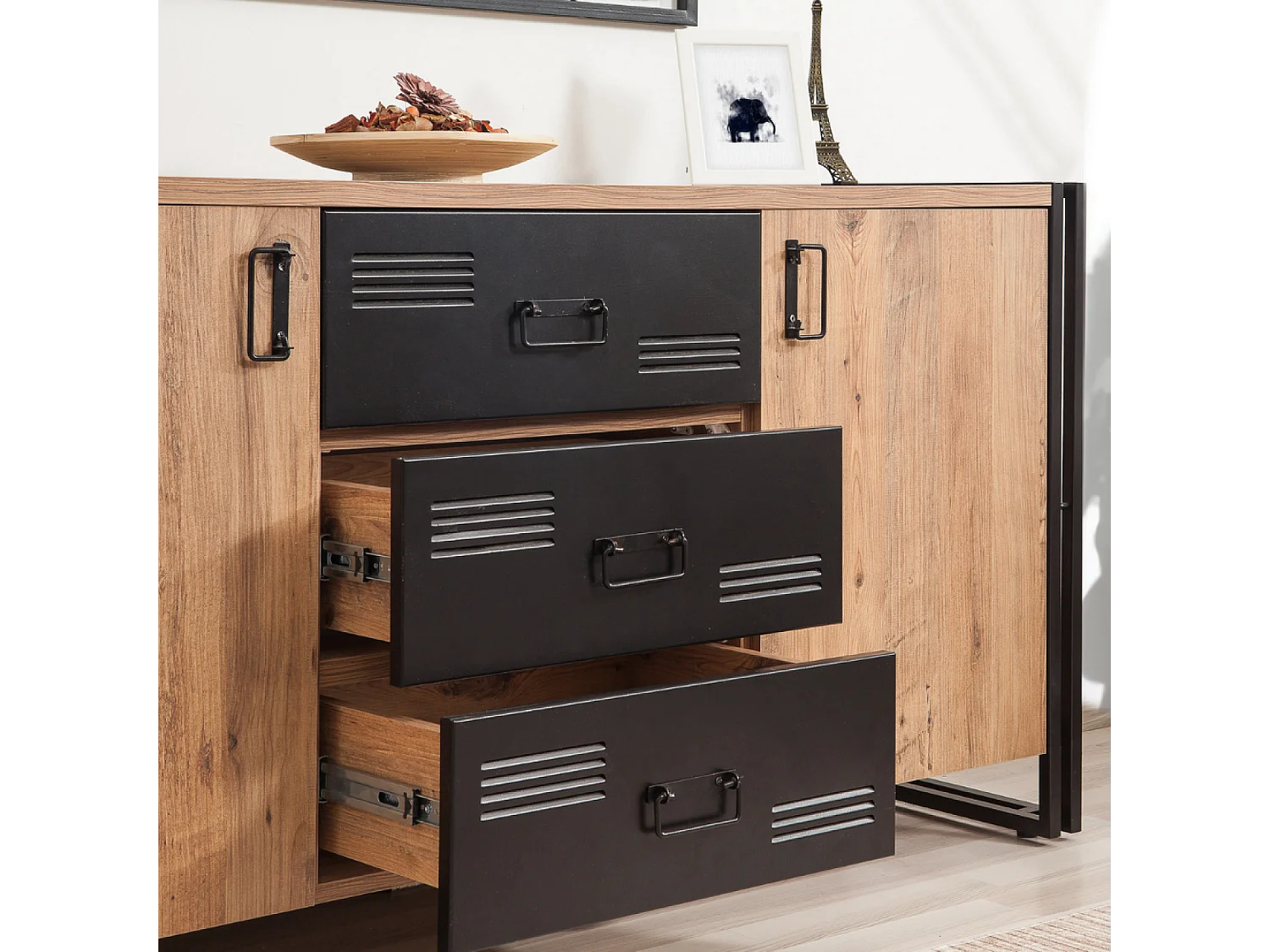 Buffet industriel avec portes et tiroirs HOLEN