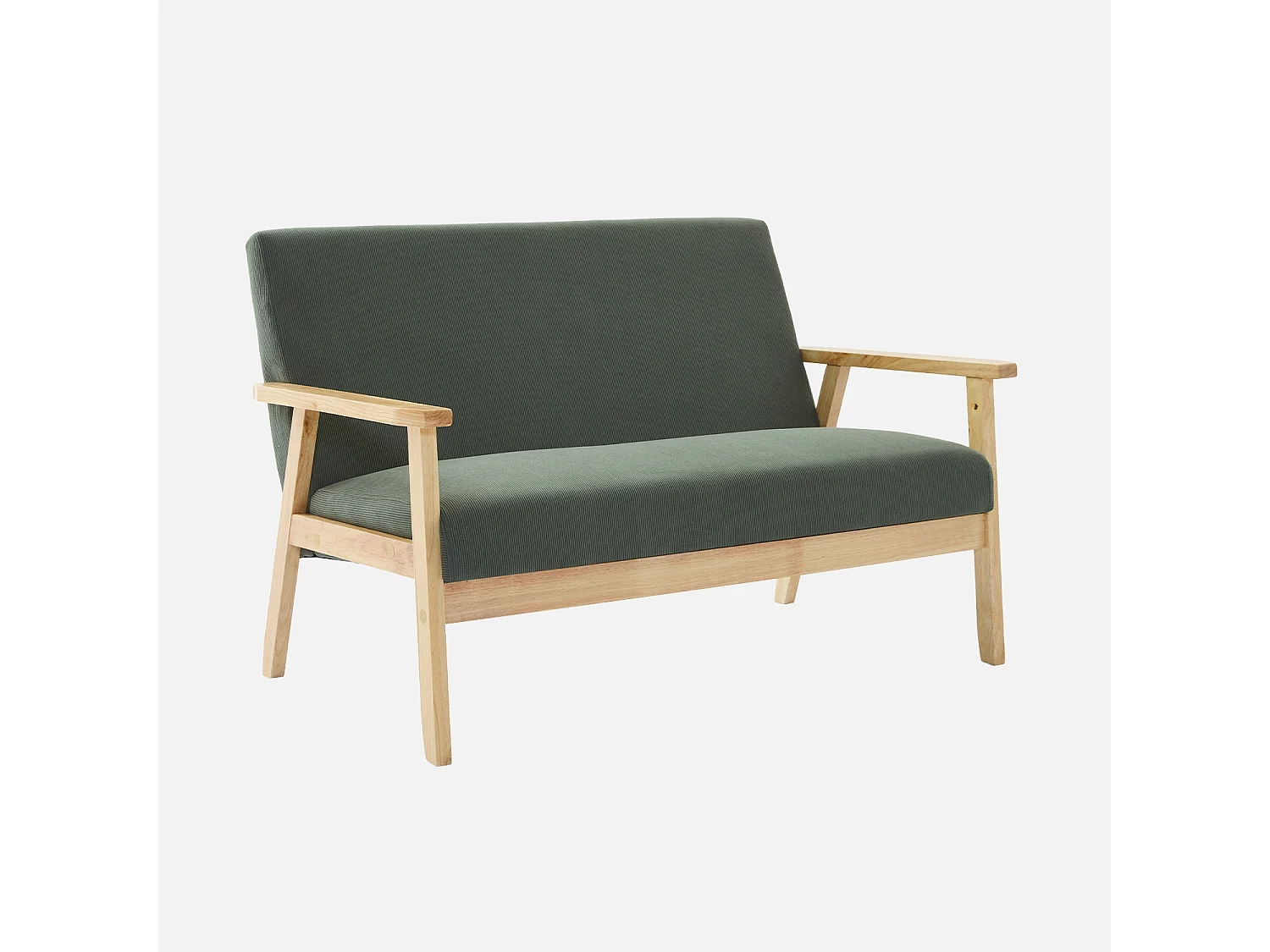 Banquette canapé 2 places en bois et tissu velours côtelé coloris vert kaki. Isak. L 114 x P 69.5 x H 73cm