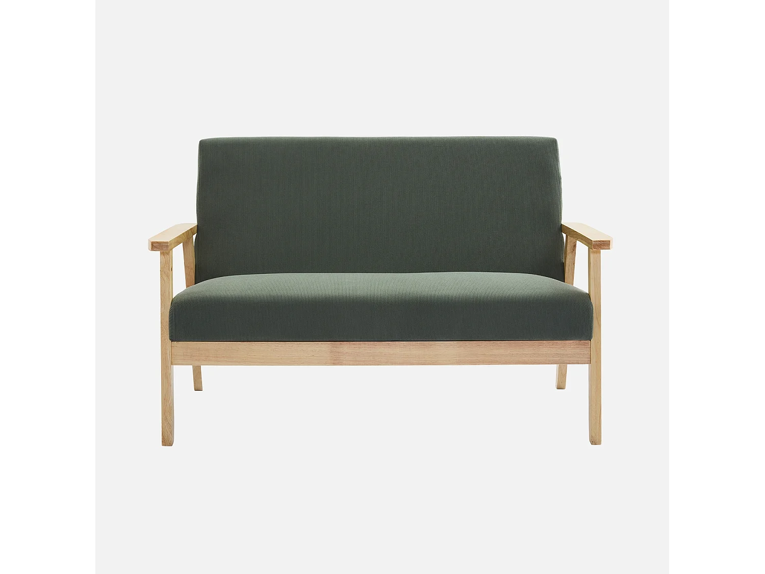 Banquette canapé 2 places en bois et tissu velours côtelé coloris vert kaki. Isak. L 114 x P 69.5 x H 73cm