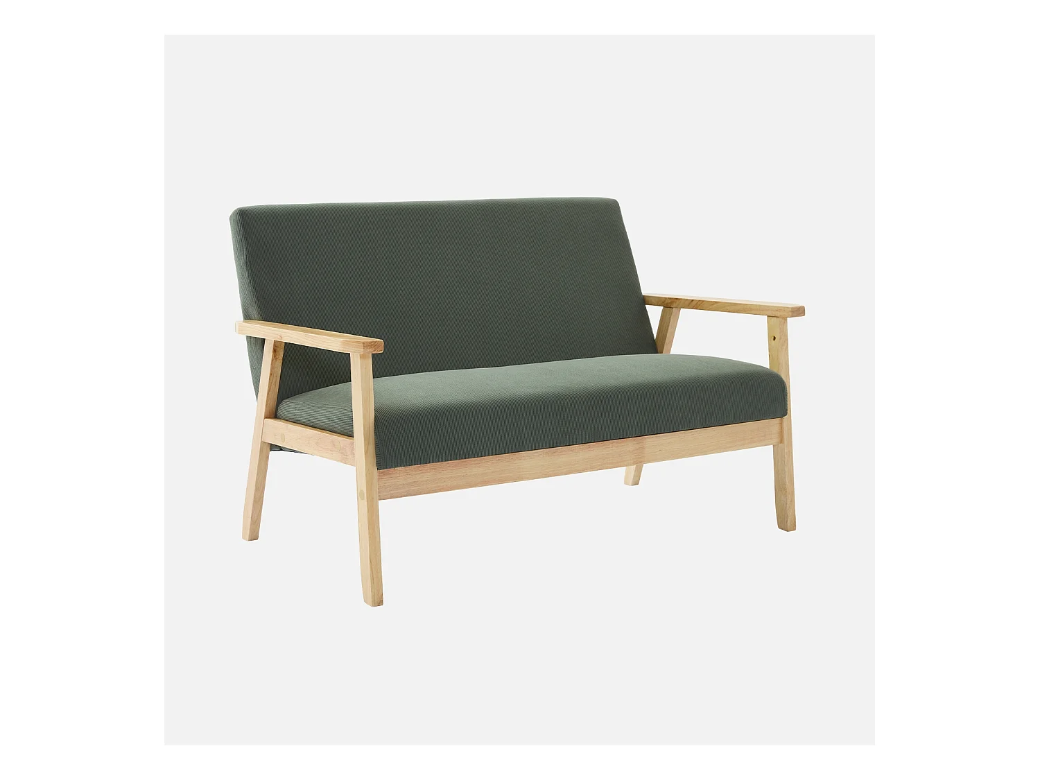 Banquette canapé 2 places en bois et tissu velours côtelé coloris vert kaki. Isak. L 114 x P 69.5 x H 73cm