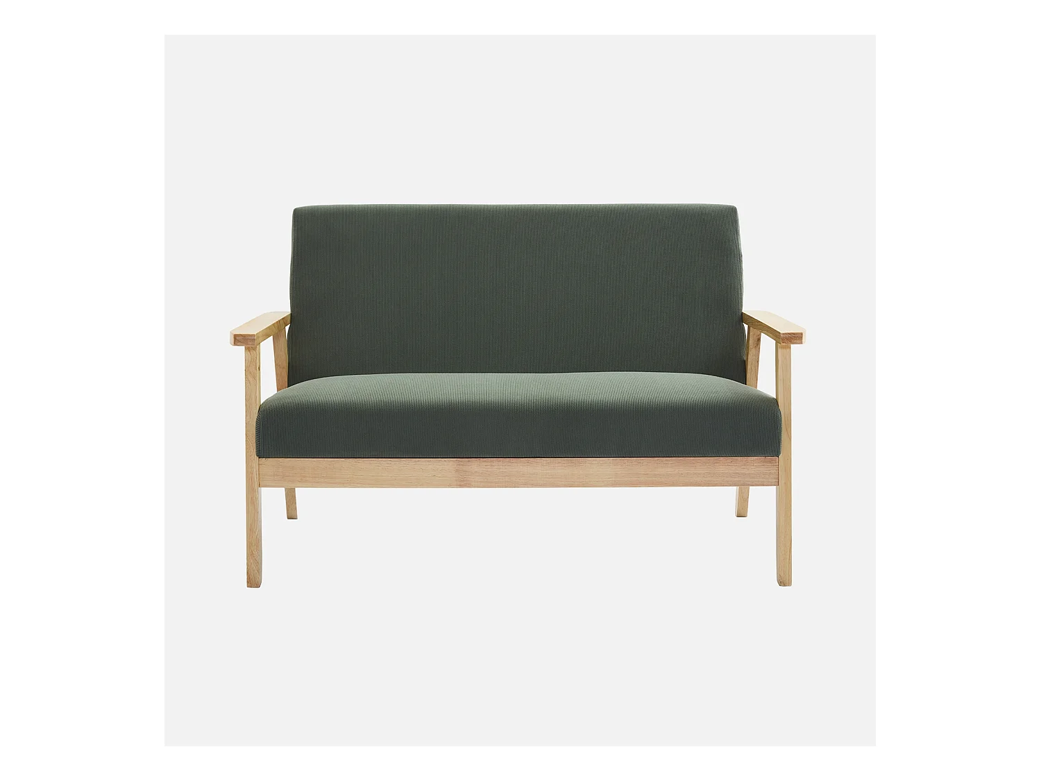Banquette canapé 2 places en bois et tissu velours côtelé coloris vert kaki. Isak. L 114 x P 69.5 x H 73cm