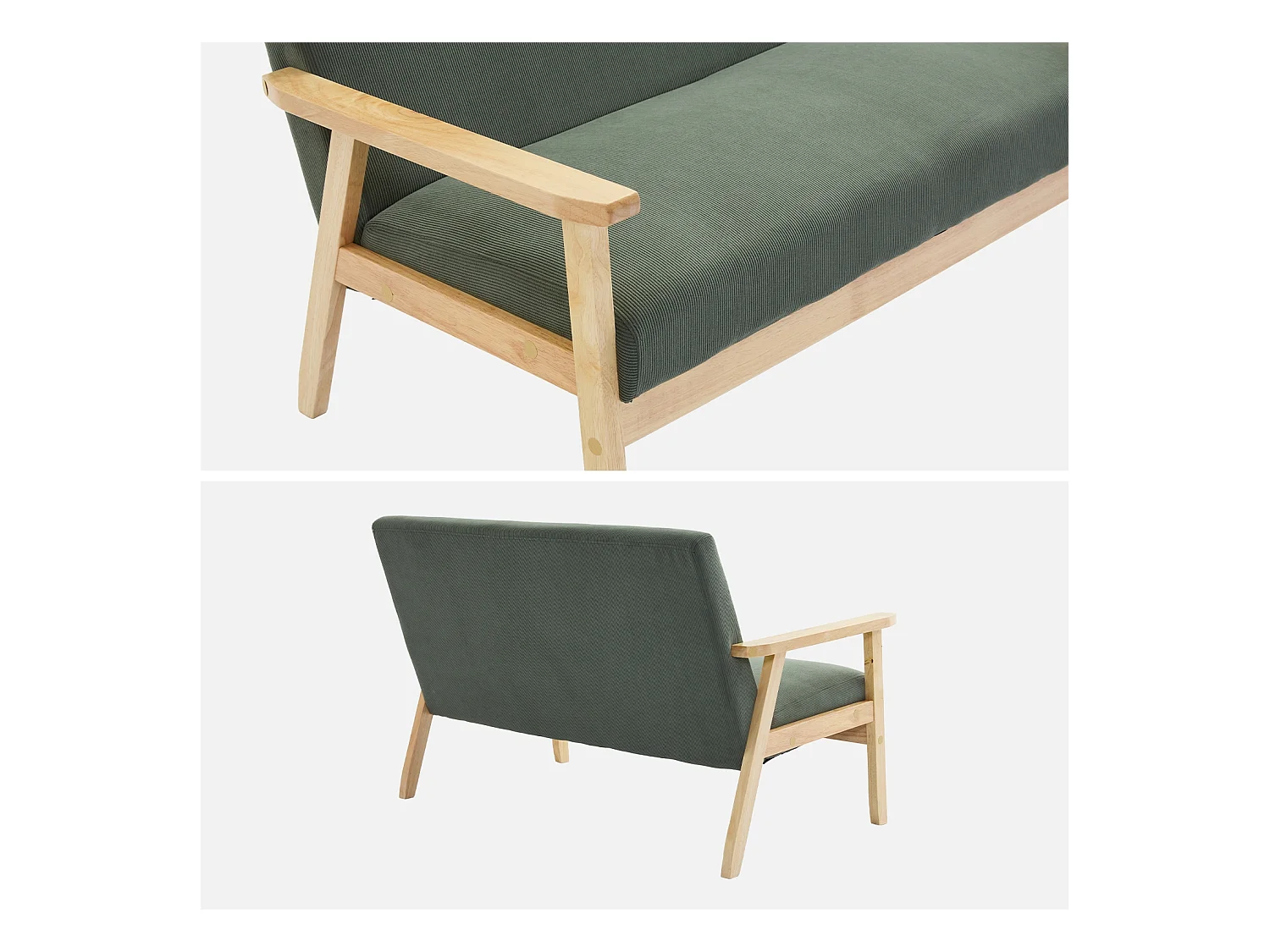 Banquette canapé 2 places en bois et tissu velours côtelé coloris vert kaki. Isak. L 114 x P 69.5 x H 73cm