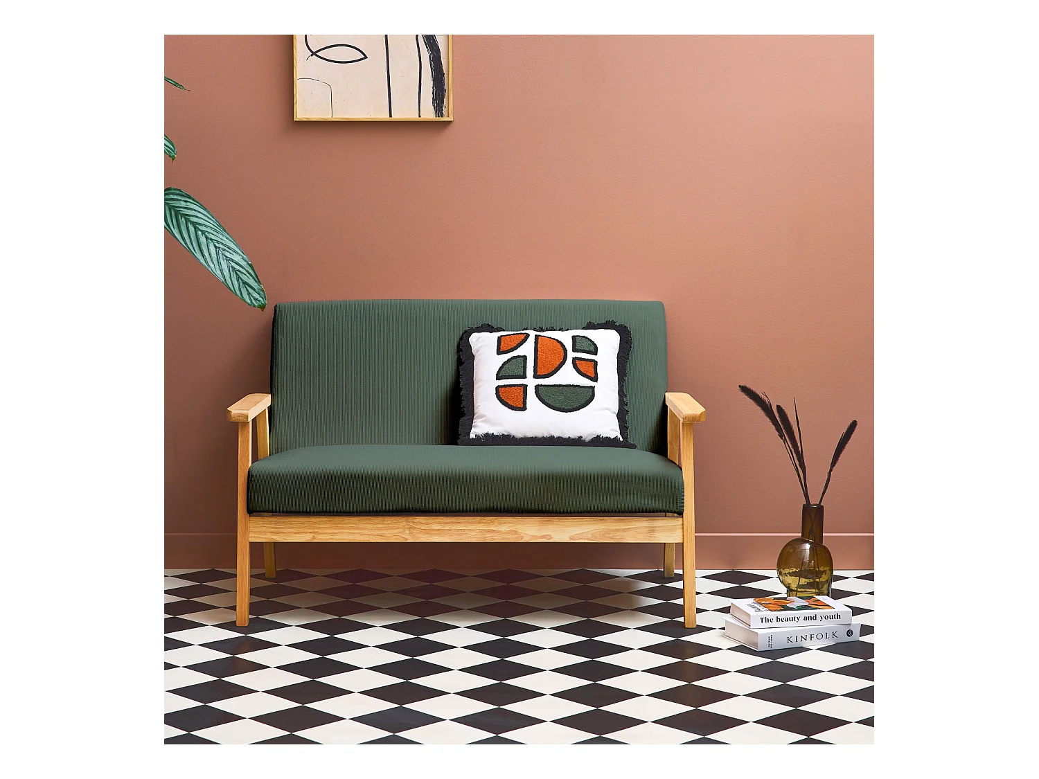 Banquette canapé 2 places en bois et tissu velours côtelé coloris vert kaki. Isak. L 114 x P 69.5 x H 73cm