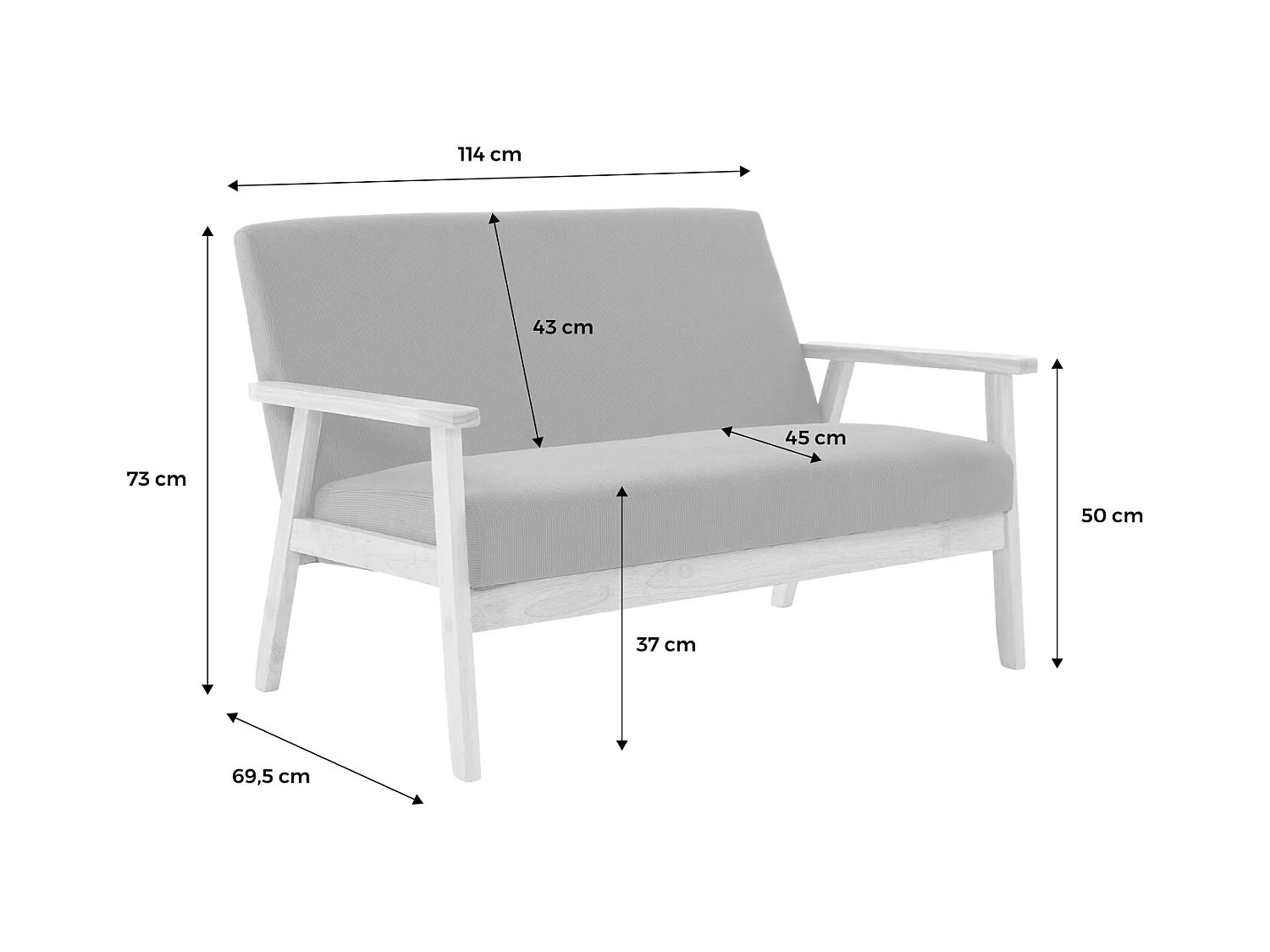 Banquette canapé 2 places en bois et tissu velours côtelé coloris vert kaki. Isak. L 114 x P 69.5 x H 73cm