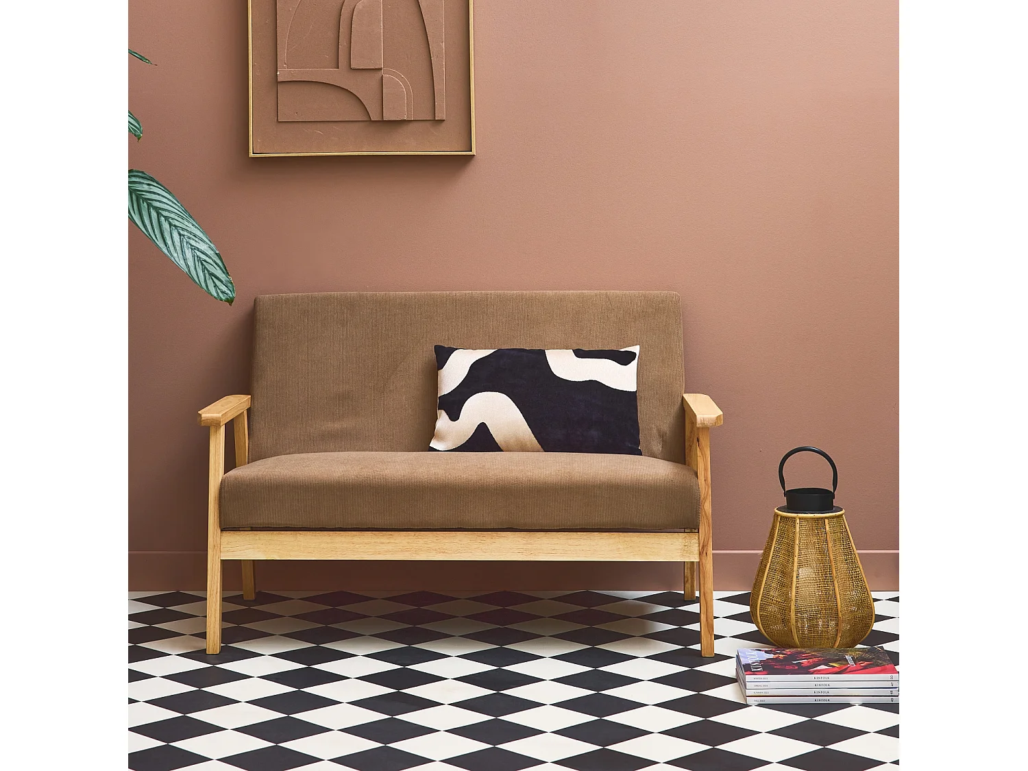 Divanetto a 2 posti in velluto a coste con gambe in legno, talpa