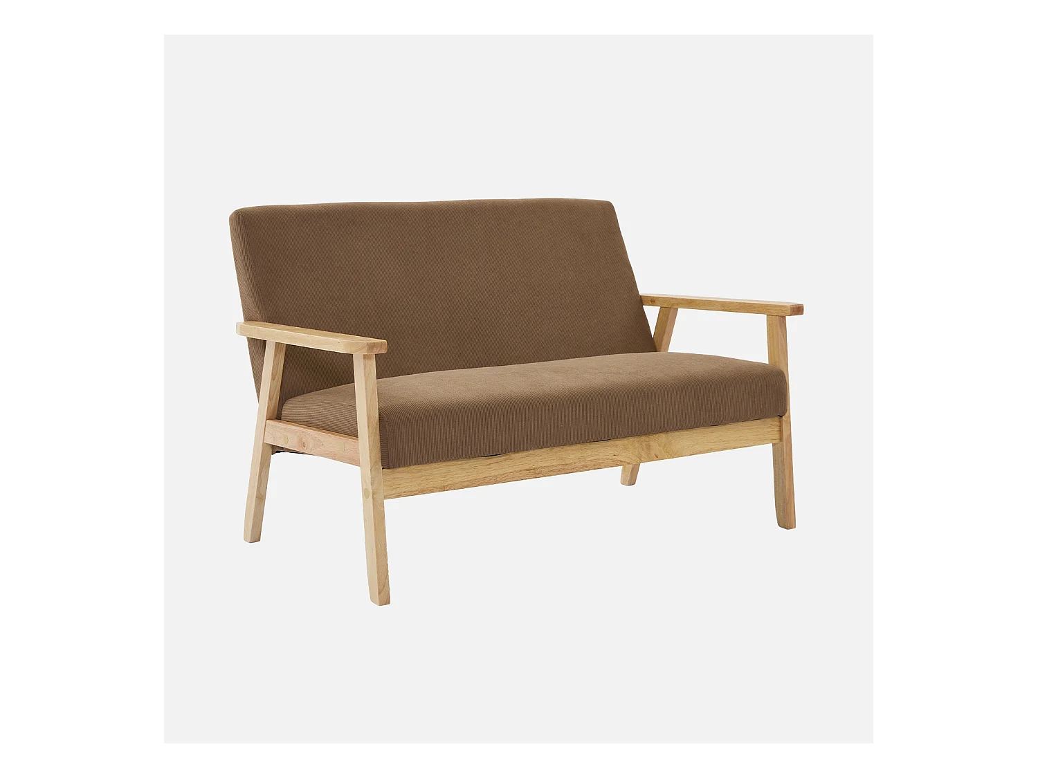 Banquette canapé 2 places en bois et tissu velours côtelé coloris taupe. Isak. L 114 x P 69.5 x H 73cm