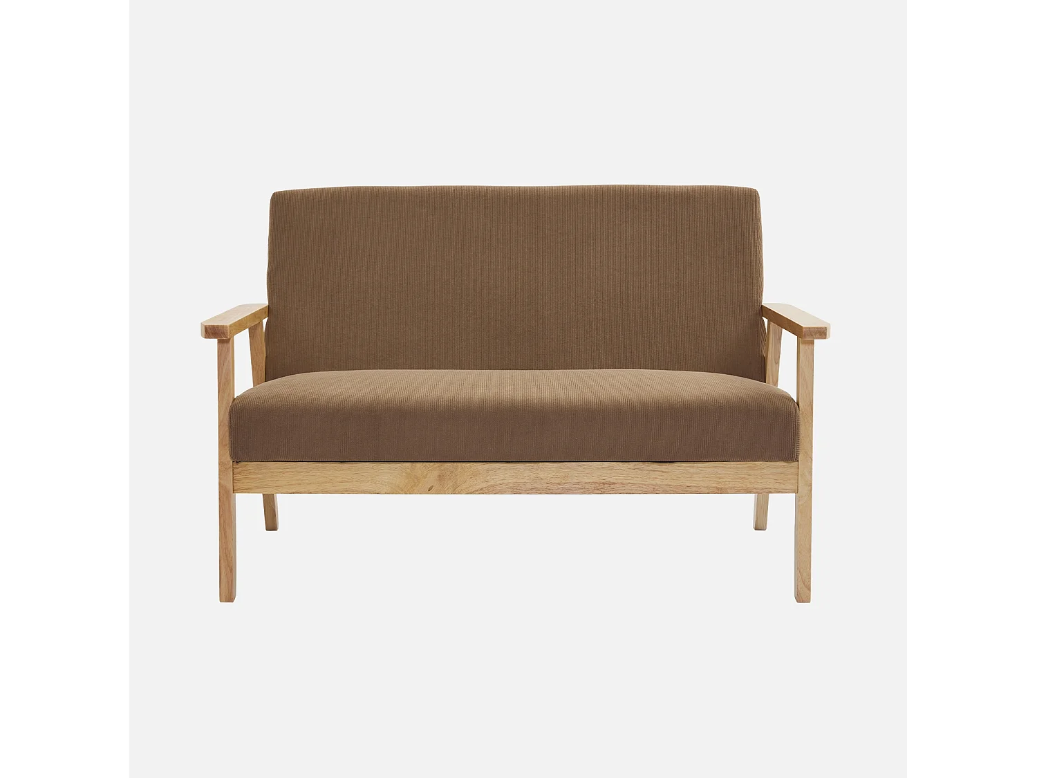 Banquette canapé 2 places en bois et tissu velours côtelé coloris taupe. Isak. L 114 x P 69.5 x H 73cm