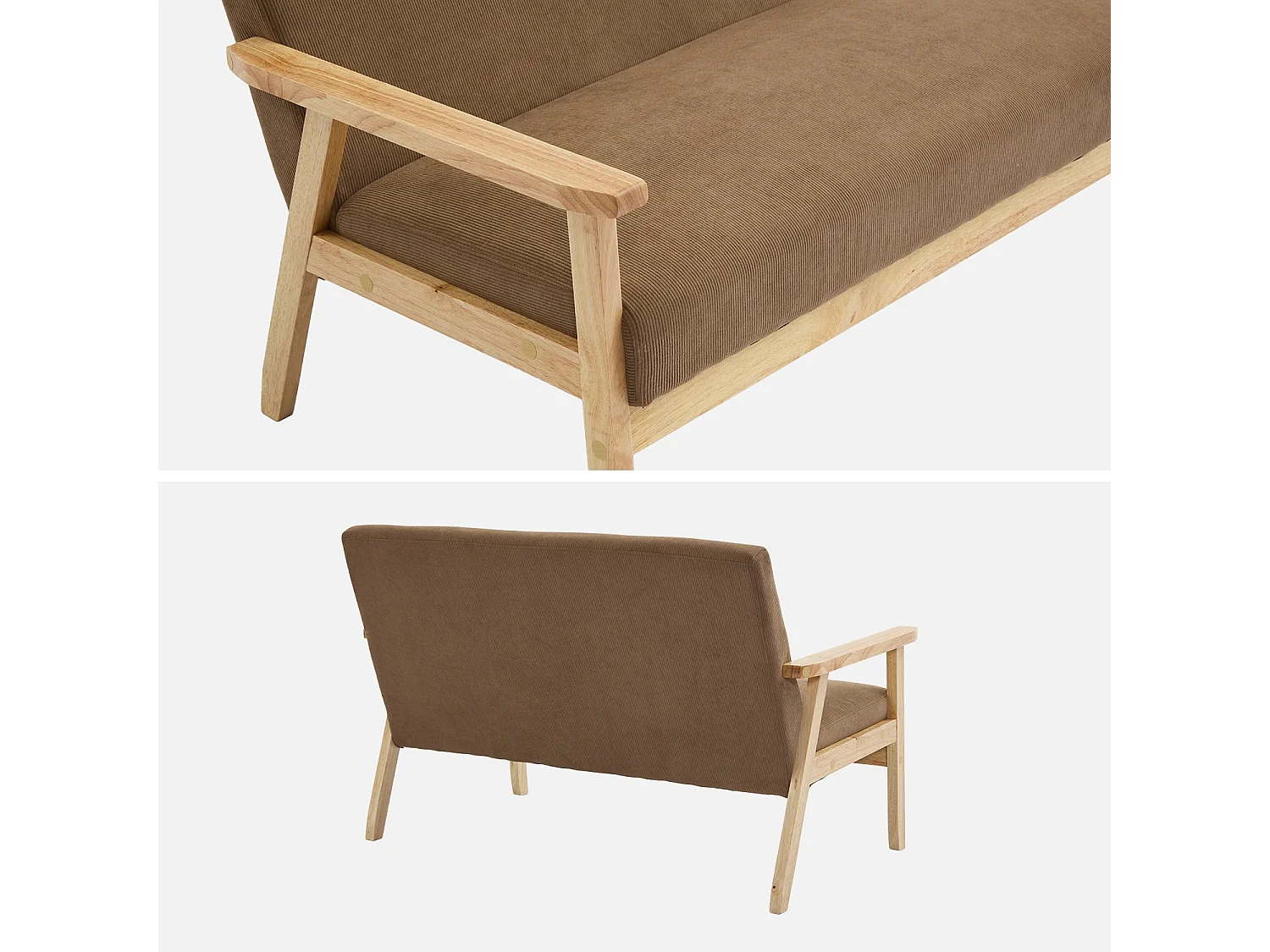 Banquette canapé 2 places en bois et tissu velours côtelé coloris taupe. Isak. L 114 x P 69.5 x H 73cm