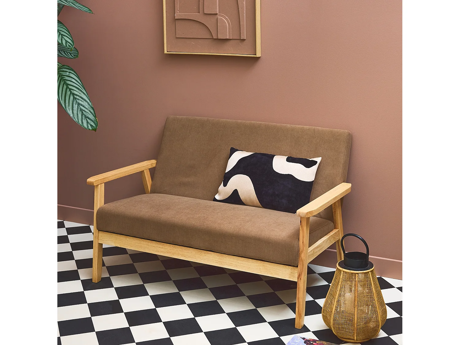 Banquette canapé 2 places en bois et tissu velours côtelé coloris taupe. Isak. L 114 x P 69.5 x H 73cm