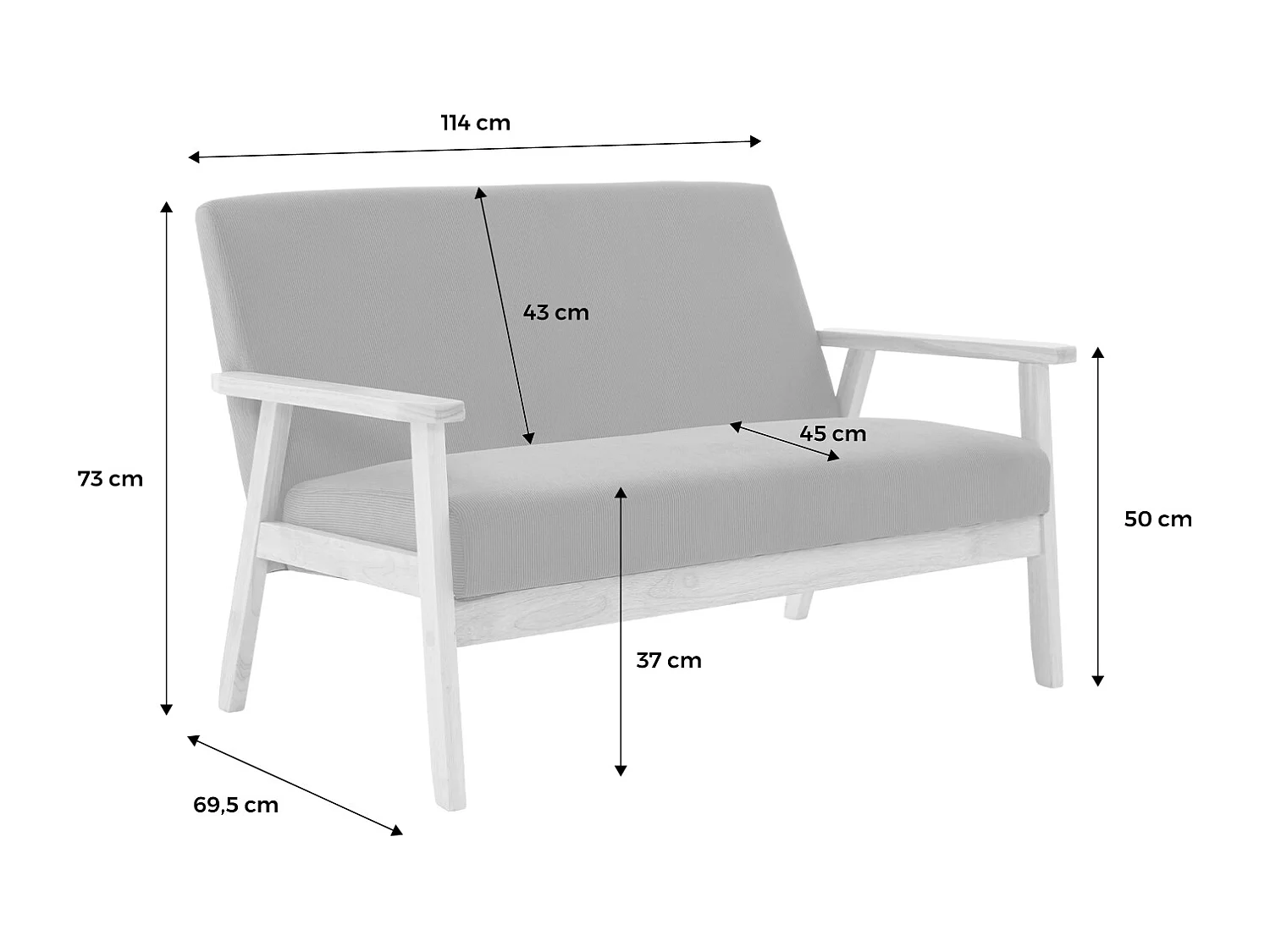 Banquette canapé 2 places en bois et tissu velours côtelé coloris taupe. Isak. L 114 x P 69.5 x H 73cm
