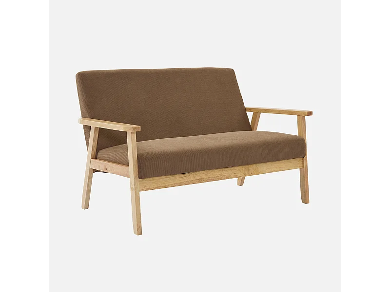 Banquette canapé 2 places en bois et tissu velours côtelé coloris taupe. Isak. L 114 x P 69.5 x H 73cm