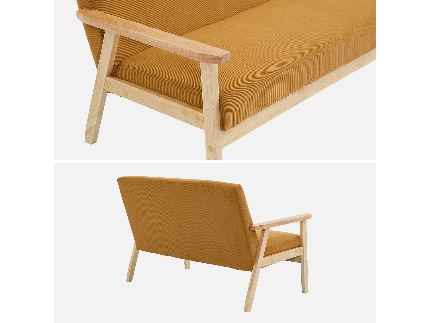 Sofá-banco 2 plazas, pana, patas de madera mostaza