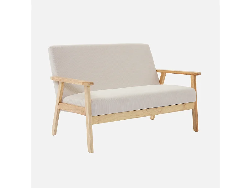 Banquette canapé 2 places en bois et tissu velours côtelé coloris blanc crème. Isak. L 114 x P 69.5 x H 73cm