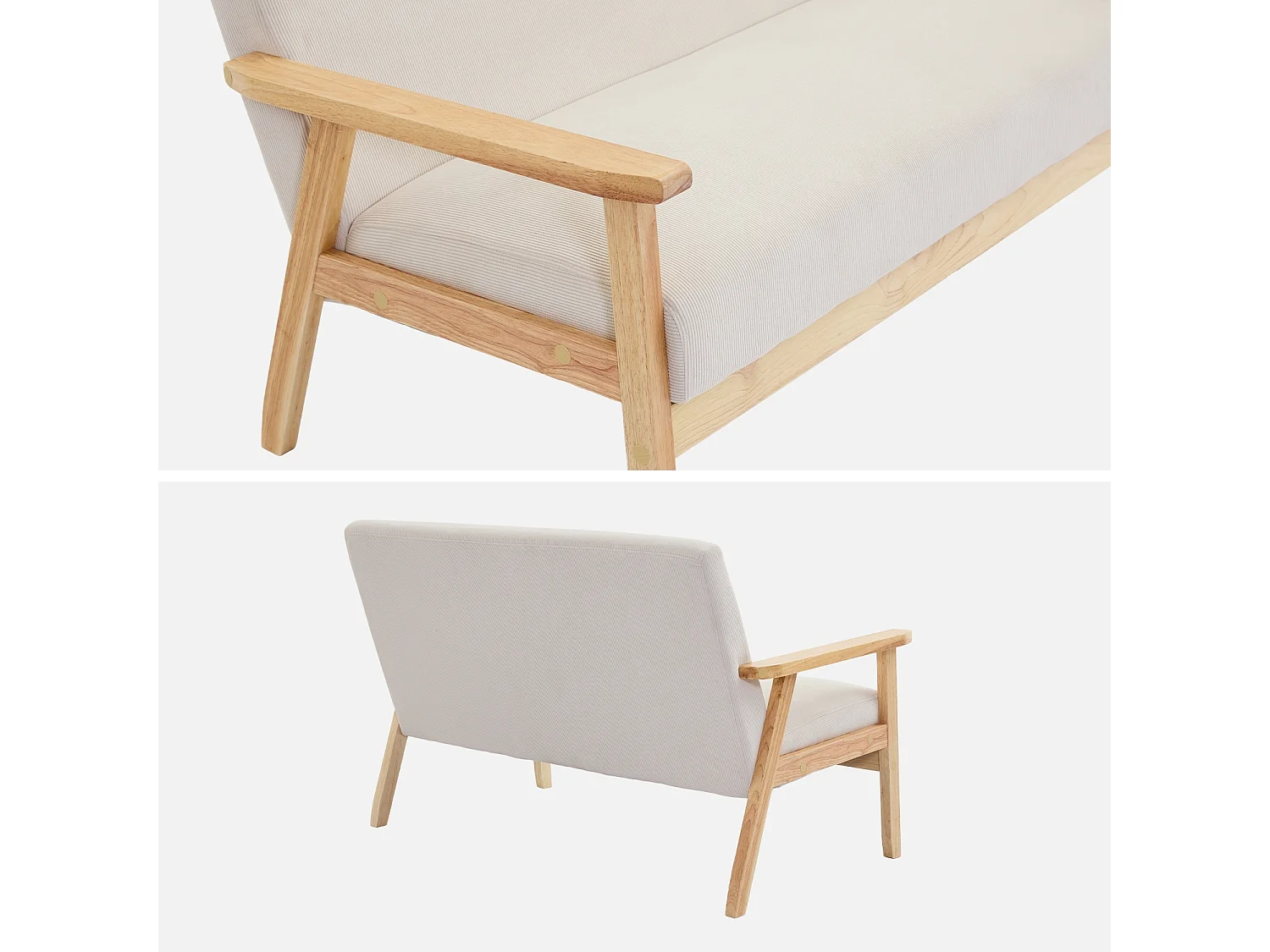 Banquette canapé 2 places en bois et tissu velours côtelé coloris blanc crème. Isak. L 114 x P 69.5 x H 73cm