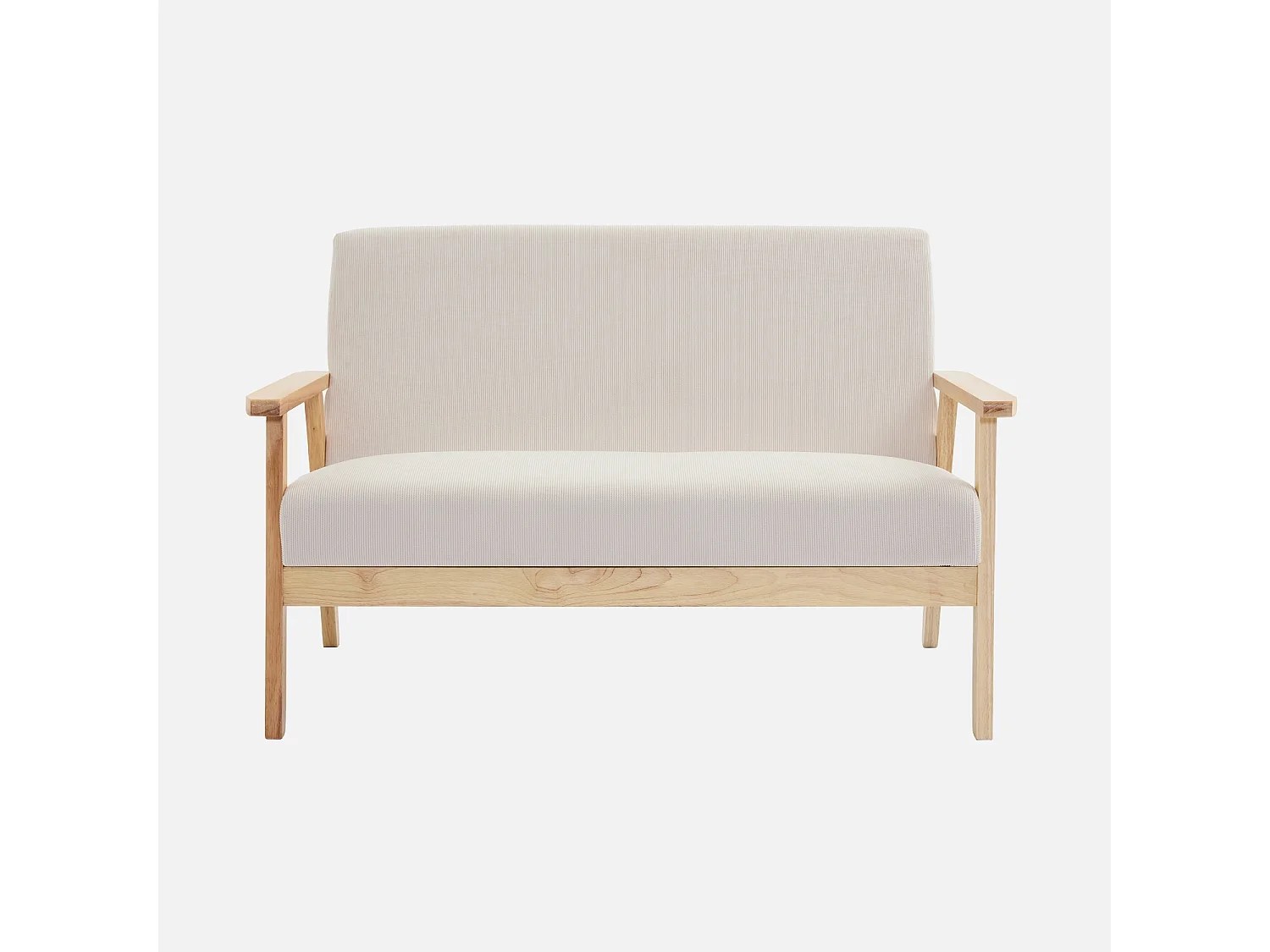 Banquette canapé 2 places en bois et tissu velours côtelé coloris blanc crème. Isak. L 114 x P 69.5 x H 73cm