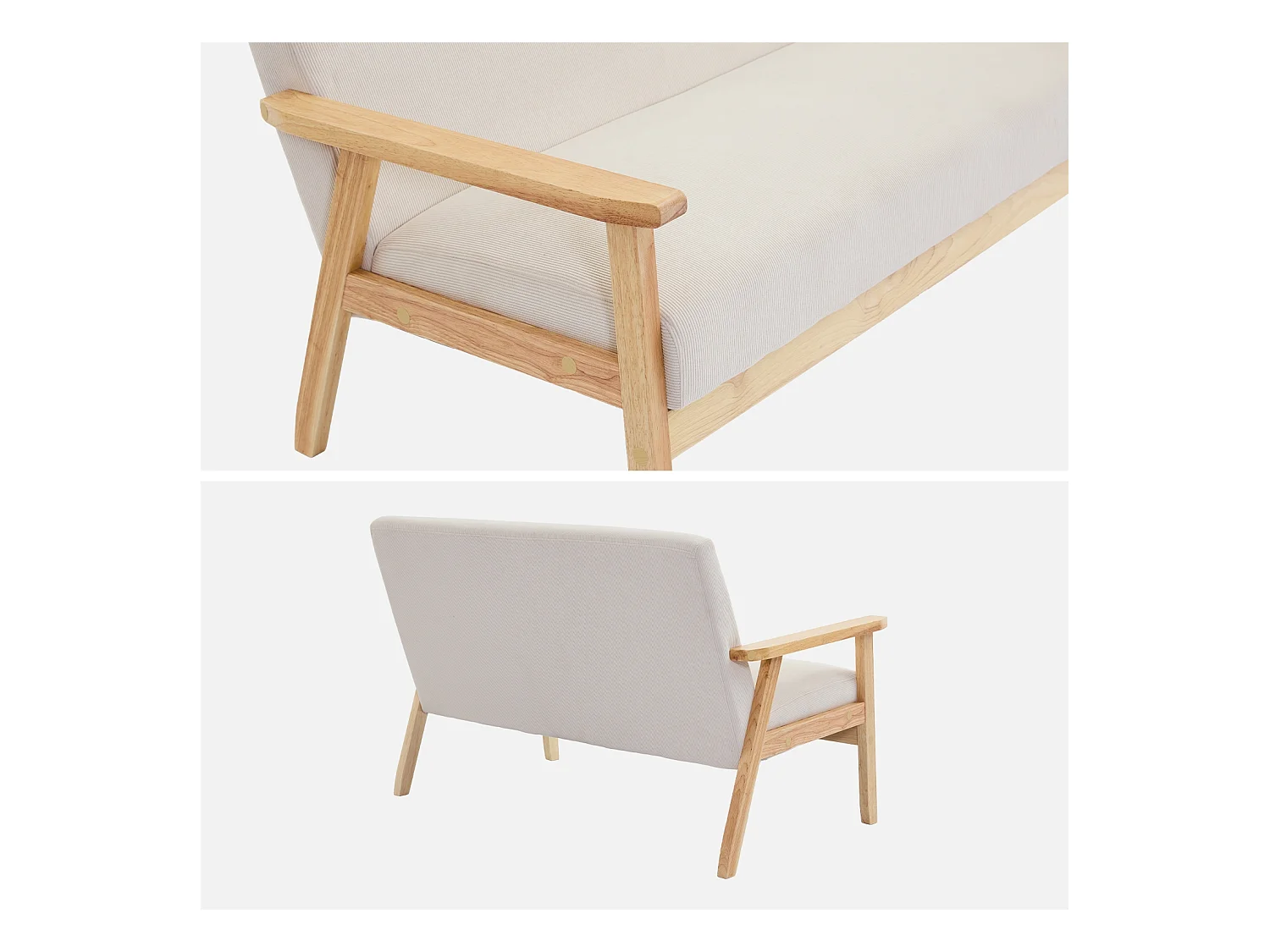 Banquette canapé 2 places en bois et tissu velours côtelé coloris blanc crème. Isak. L 114 x P 69.5 x H 73cm