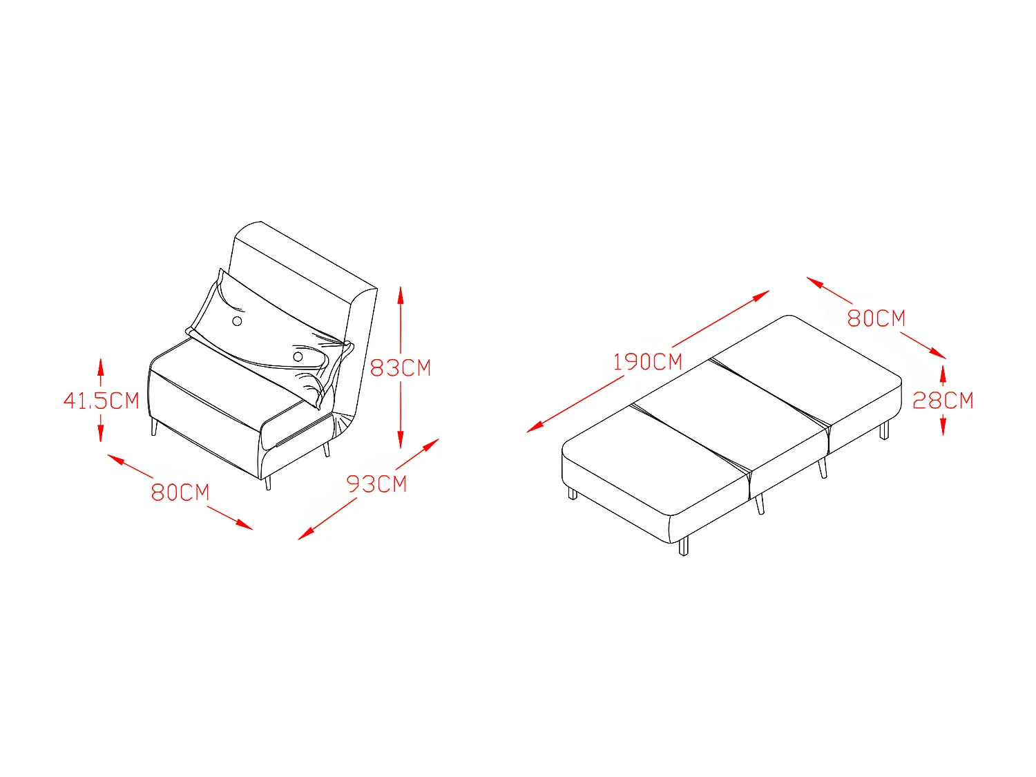 Fauteuil convertible lit 1 place tissu cuir PU blanc 80x90x84cm dimensions lit 80x190x28cm
