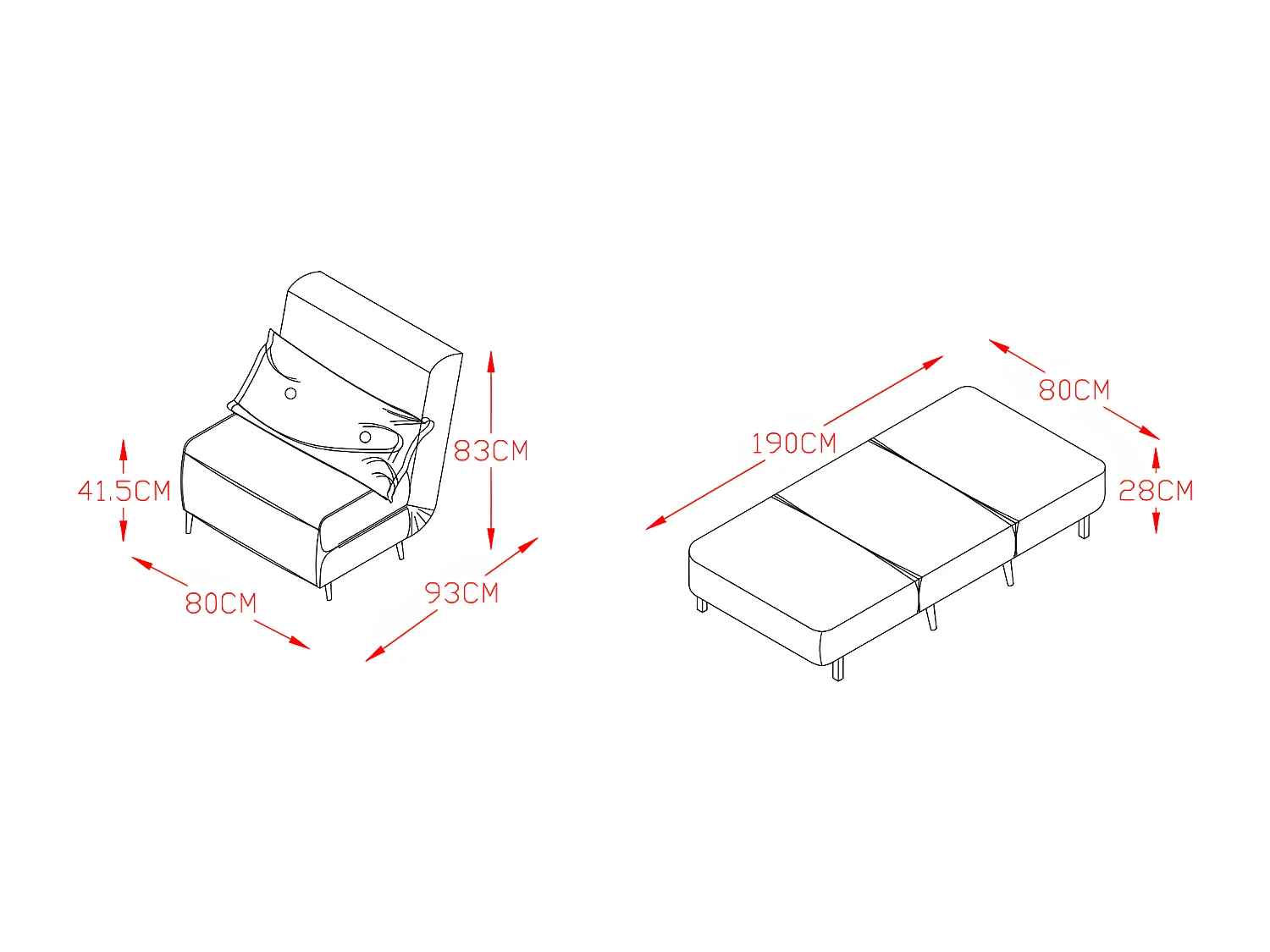 Fauteuil convertible lit 1 place tissu cuir PU blanc 80x90x84cm dimensions lit 80x190x28cm