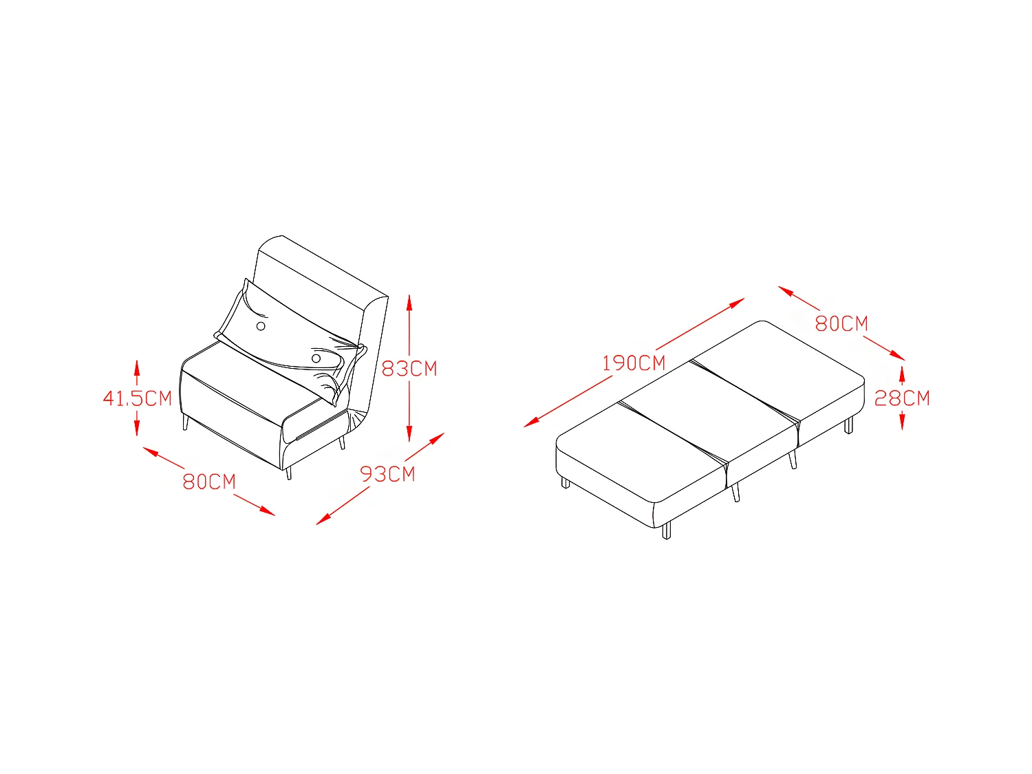 Fauteuil convertible lit une place tissu en cuir PU Gris facile à nettoyer dimension: 80 x 90 x 84 cm - dimension lit: 80 x 190 x 28 cm
