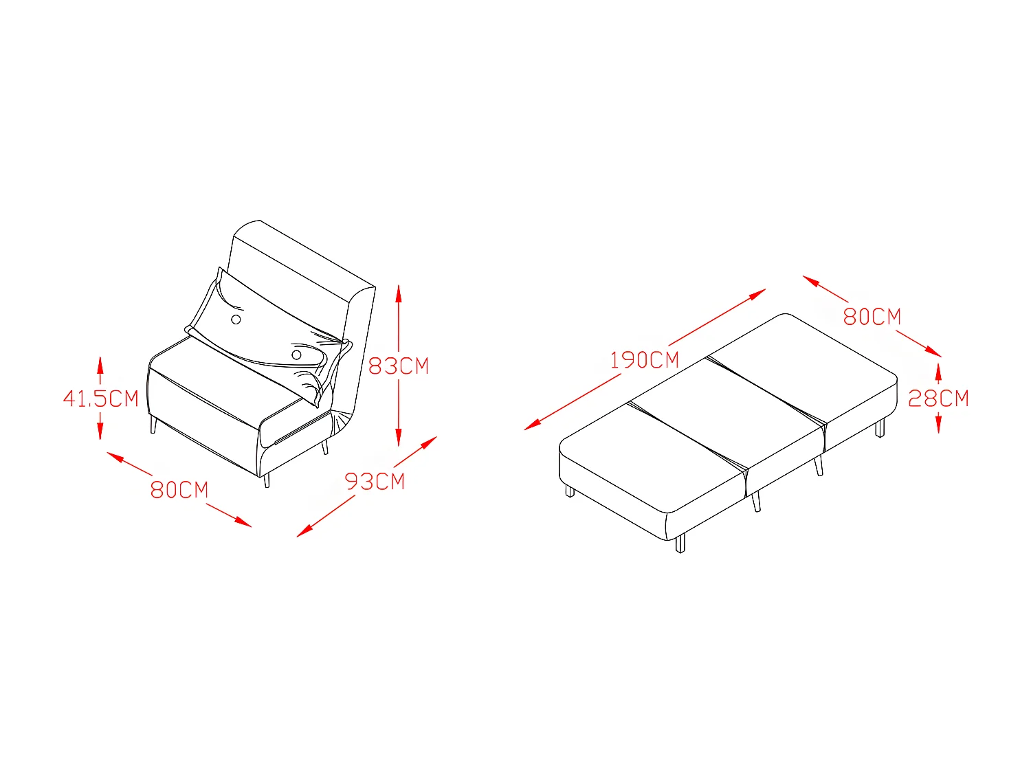 Fauteuil convertible lit une place tissu en cuir PU Gris facile à nettoyer dimension: 80 x 90 x 84 cm - dimension lit: 80 x 190 x 28 cm