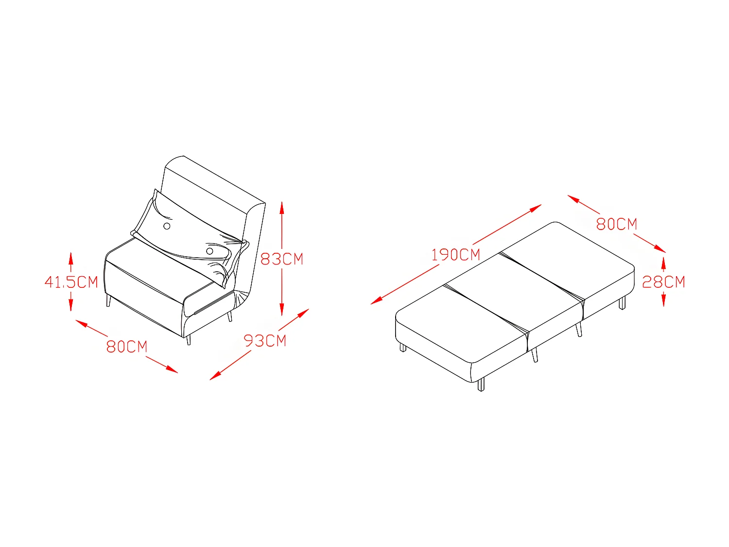 Fauteuil convertible lit une place tissu en cuir PU Gris facile à nettoyer dimension: 80 x 90 x 84 cm - dimension lit: 80 x 190 x 28 cm