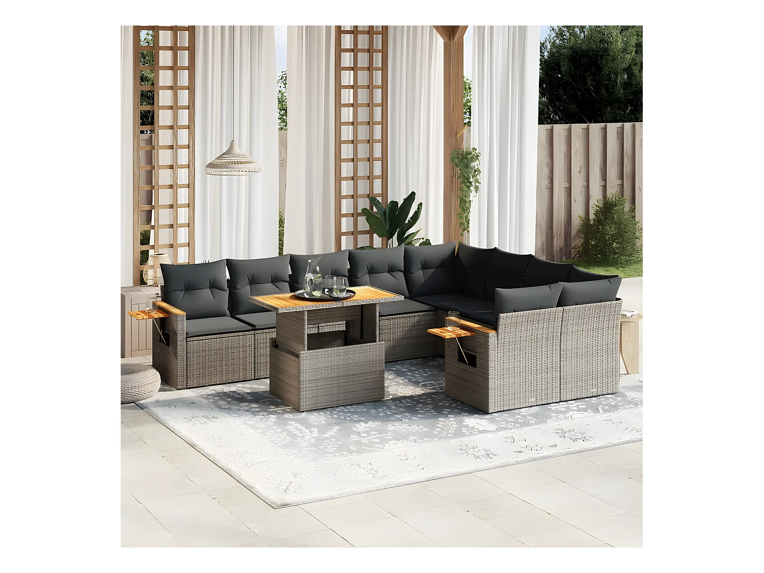 10 peças conjunto sofás de jardim c/ almofadões vime PE cinzento