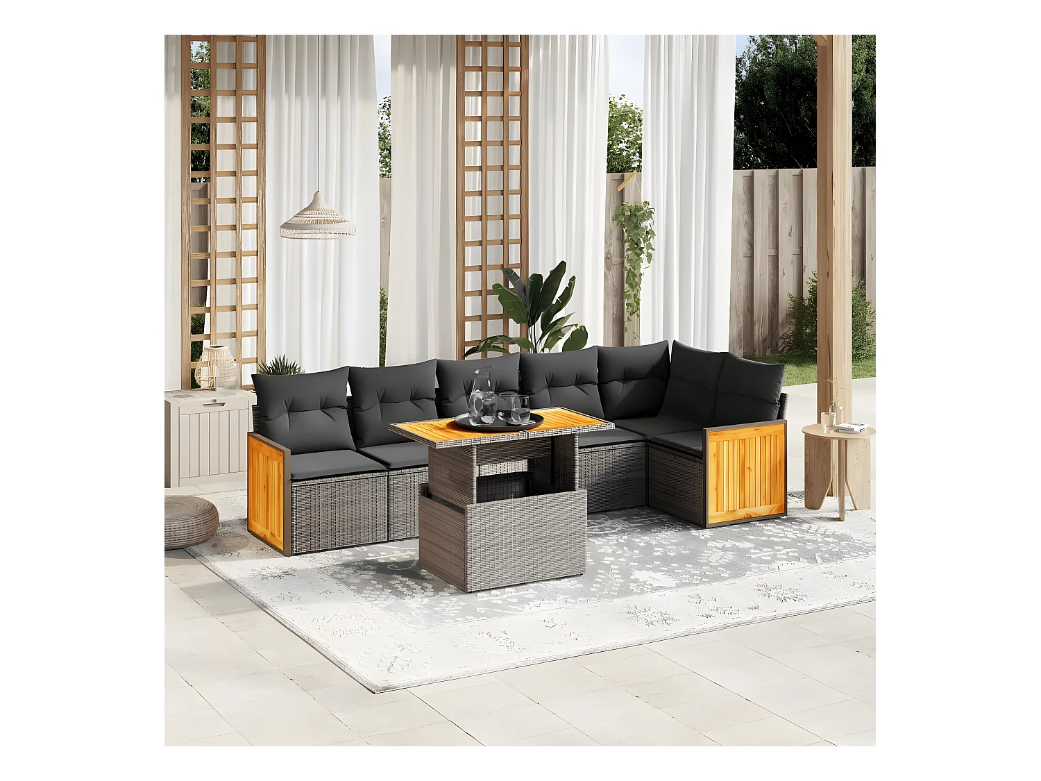 Salon de jardin avec coussins 7 pièces gris résine tressée