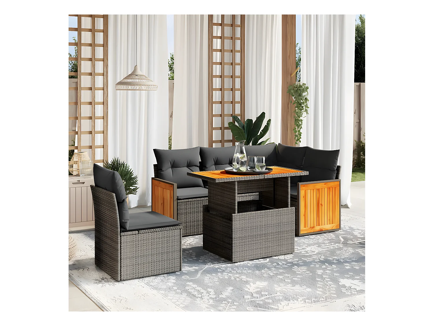 Salon de jardin avec coussins 6 pièces beige résine tressée