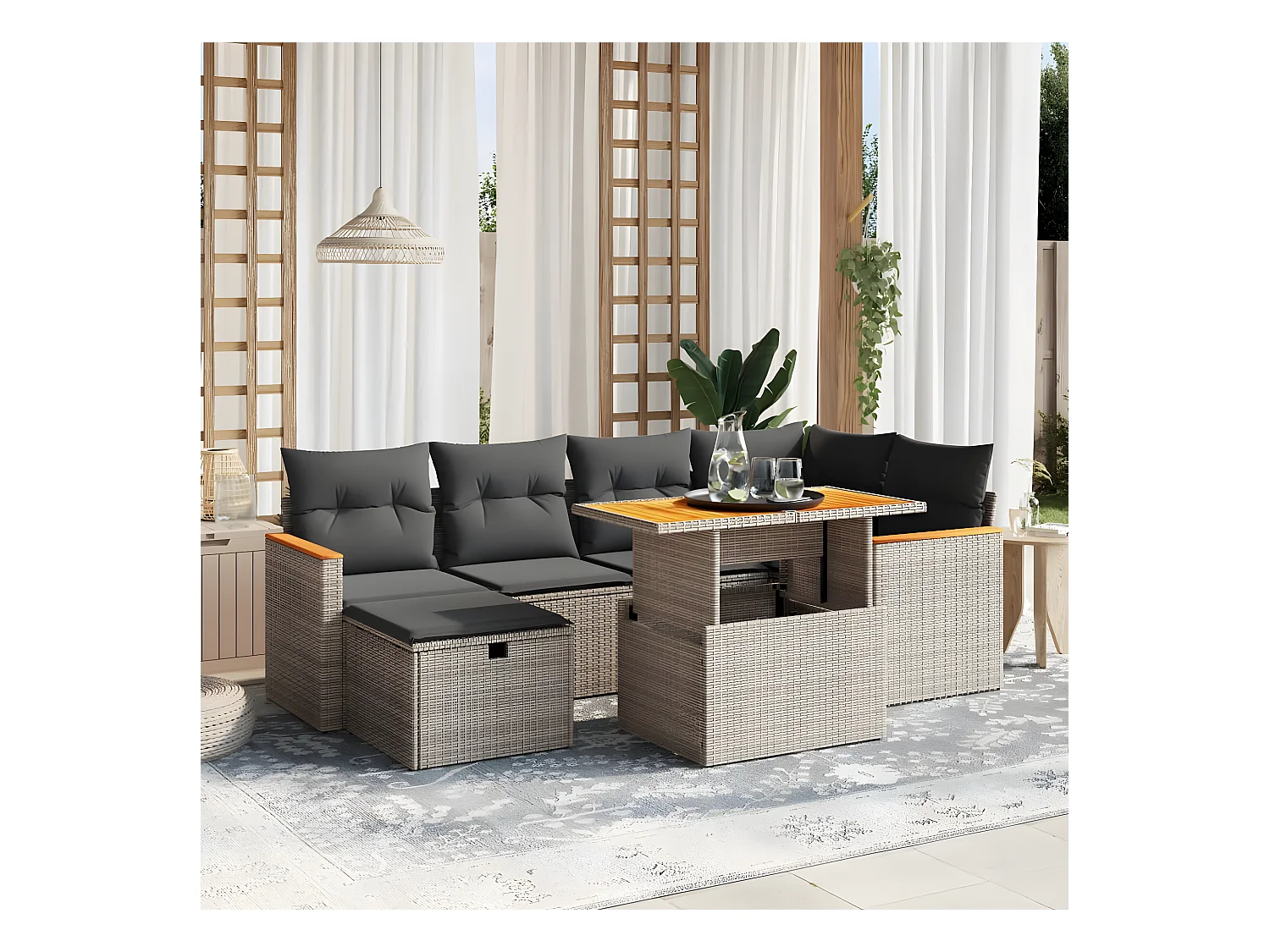 7 peças conjunto sofás p/ jardim c/ almofadões vime PE cinzento