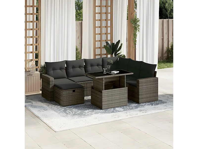 8-delige Loungeset met kussens poly rattan grijs
