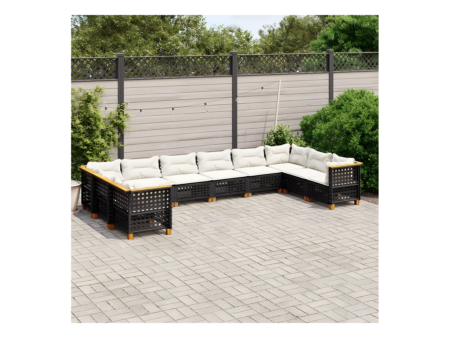 Salon de jardin 10 pièces avec coussins noir résine tressée