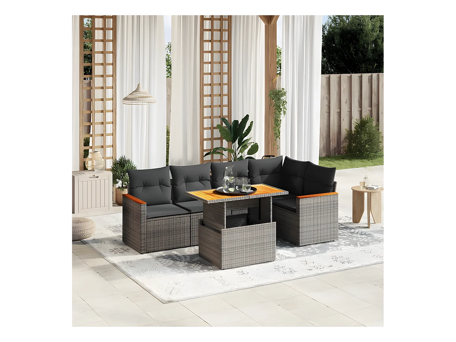 6 peças conjunto sofás de jardim com almofadões vime cinzento