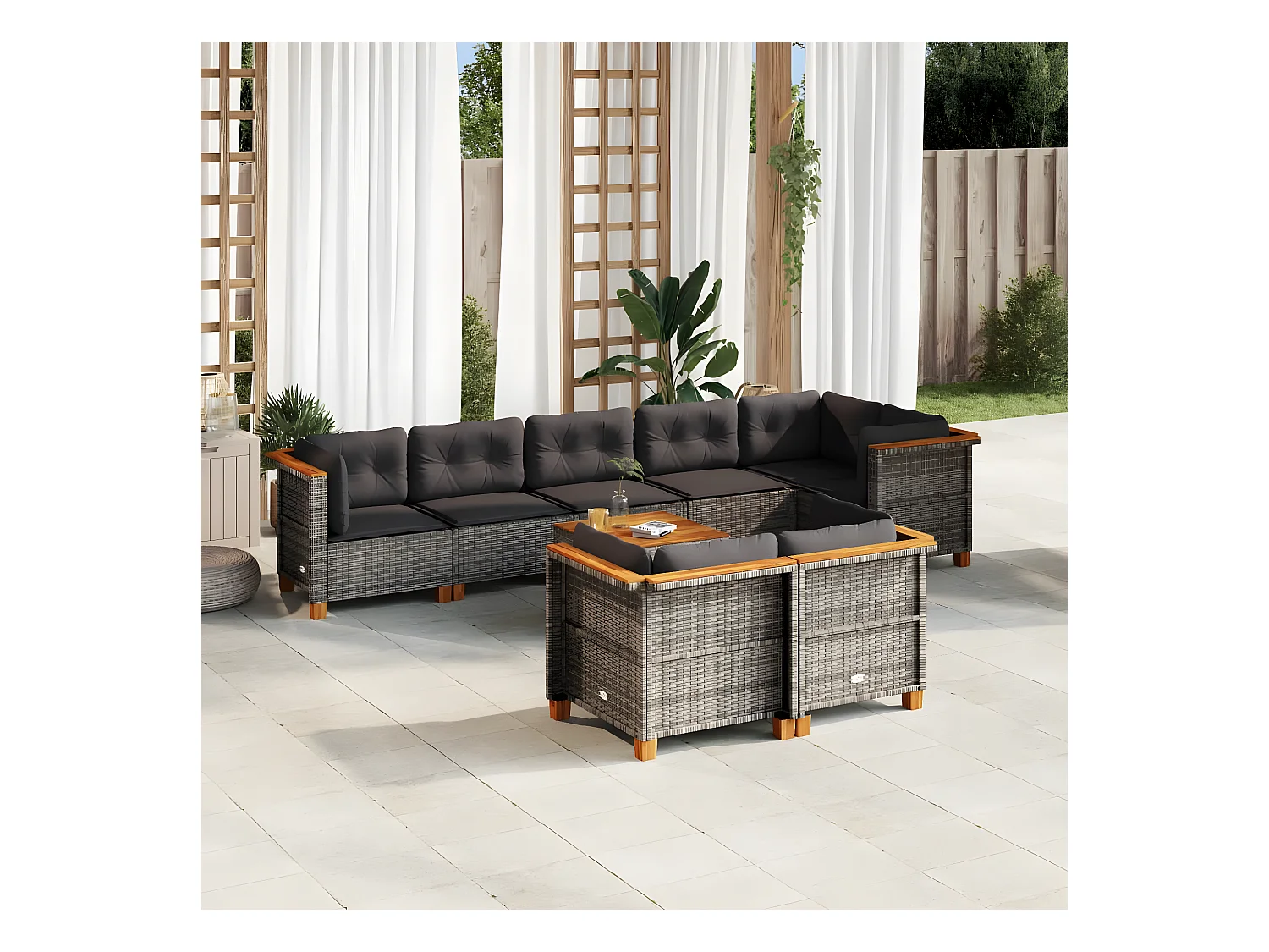 Salon de jardin 9 pièces avec coussins gris résine tressée