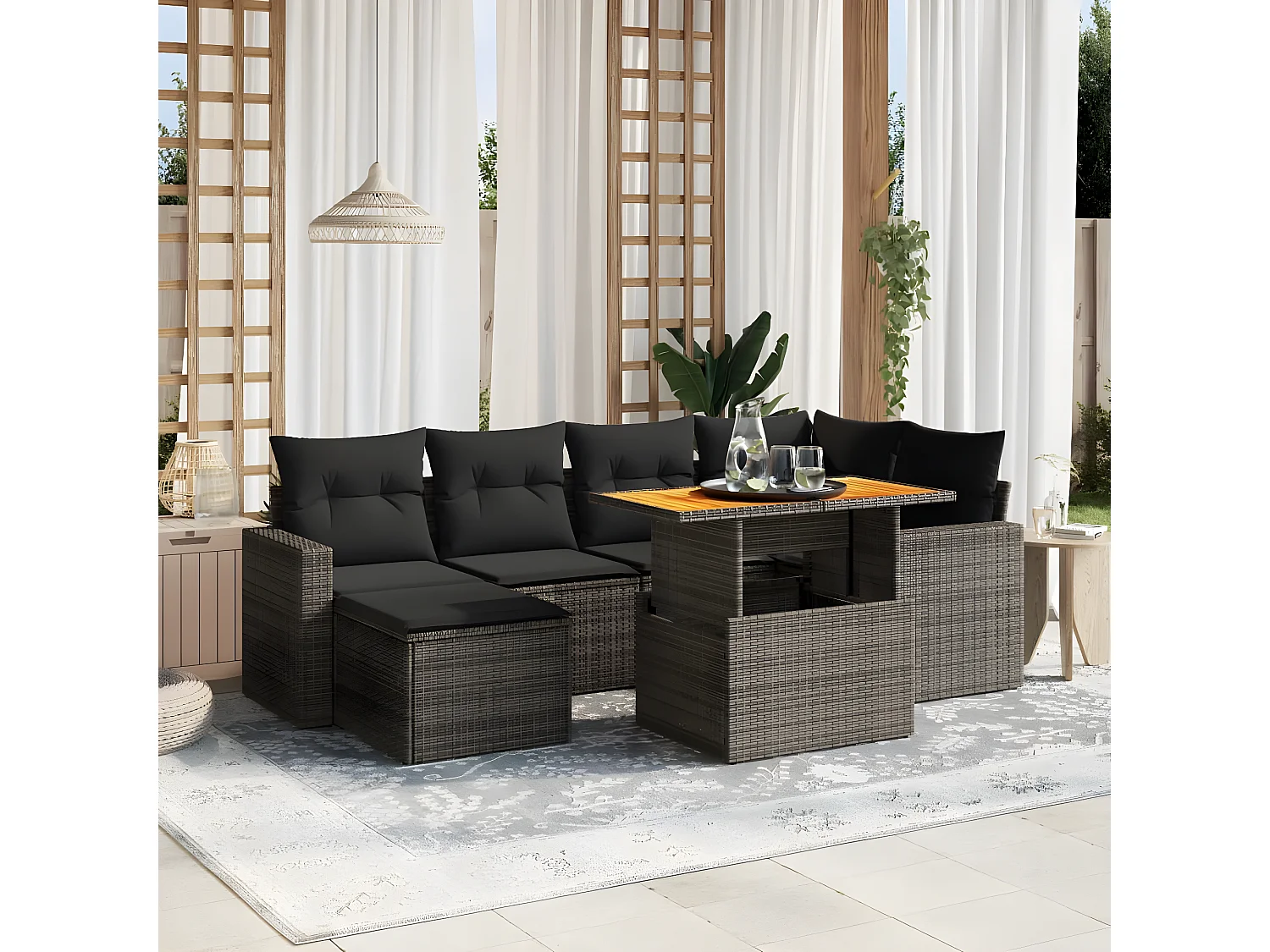 7 peças conjunto sofás p/ jardim c/ almofadões vime PE cinzento