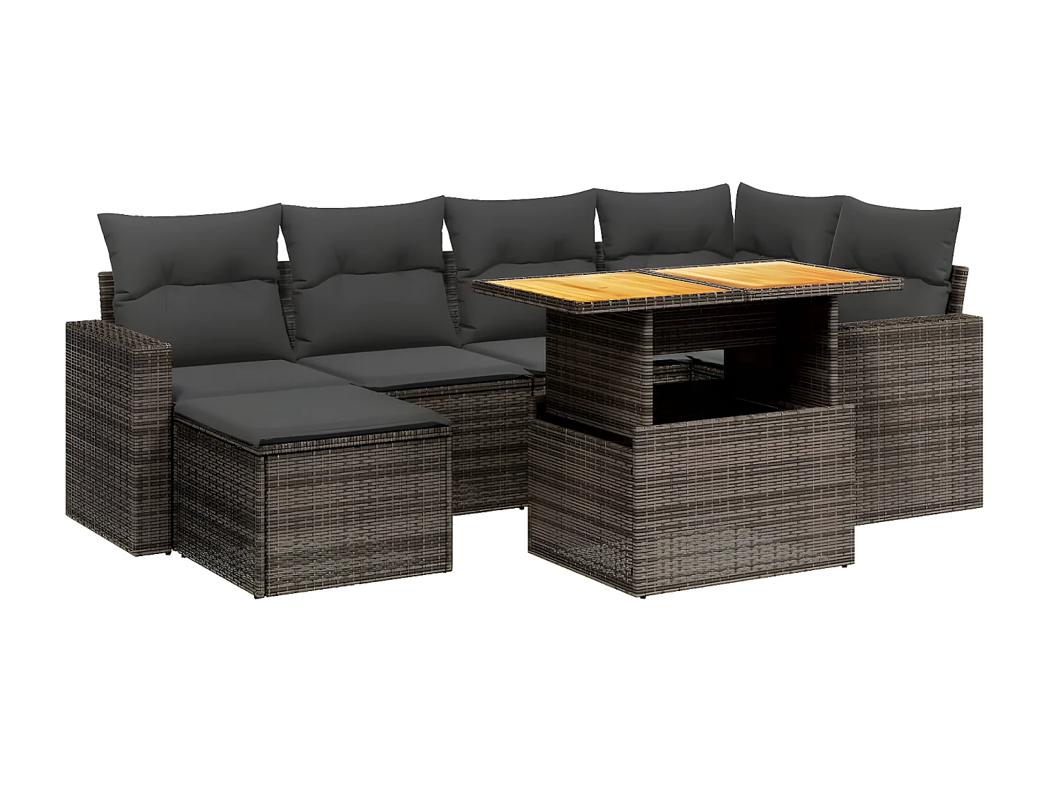 7 peças conjunto sofás p/ jardim c/ almofadões vime PE cinzento